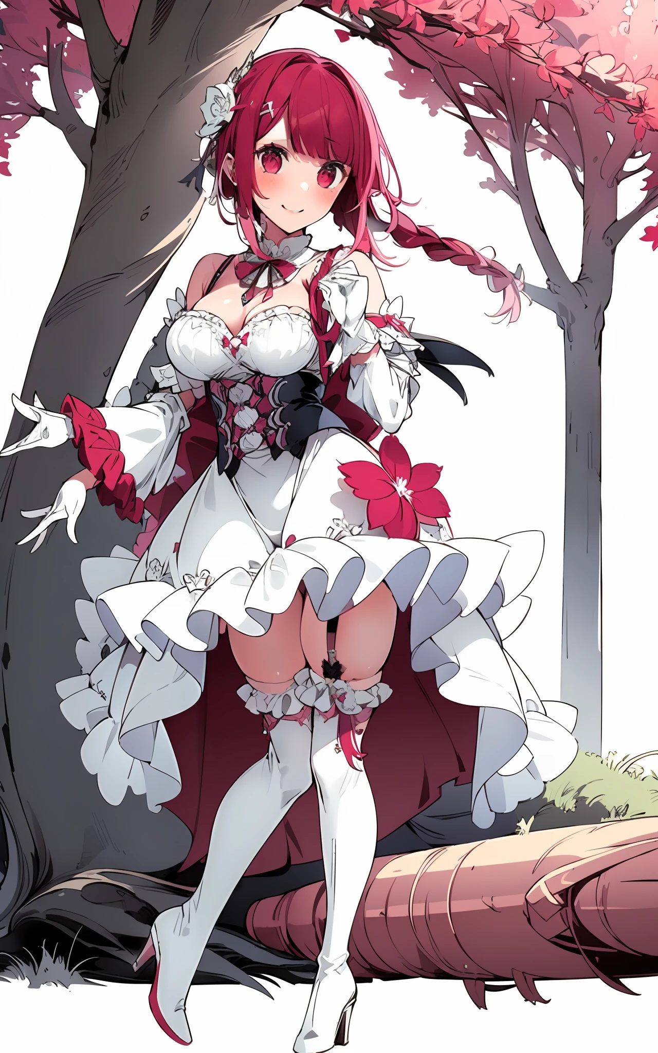(masterpiece,best quality,CG,wallpaper,HDR,high quality,high-definition),(an extremely delicate and beautiful),(highly detailed eyes,extremely delicate and beautiful face),incredibly detailed,Perfect female body,elegant,noble,1 girl,(full body:1.4),large breasts,(white leather high heel thigh boots,white elbow gloves:1.4),garter straps, skirt,white thighhighs,/./././,no makeup,serious,expressionless,emilia (re:zero), bangs, hair ornament, red eyes, flower, hair flower, ribbon, hair ribbon, x hair ornament, breasts, open mouth, medium breasts, purple ribbon, cleavage, white flower, smile, braid, detached sleeves, petals, very long hair, dress, red hair, crown braid, pointy ears, wide sleeves, frills, white hair, bare shoulders, skirt, blunt bangs, pleated skirt, roswaal mansion, ocean,  bay, sunlight, trees,