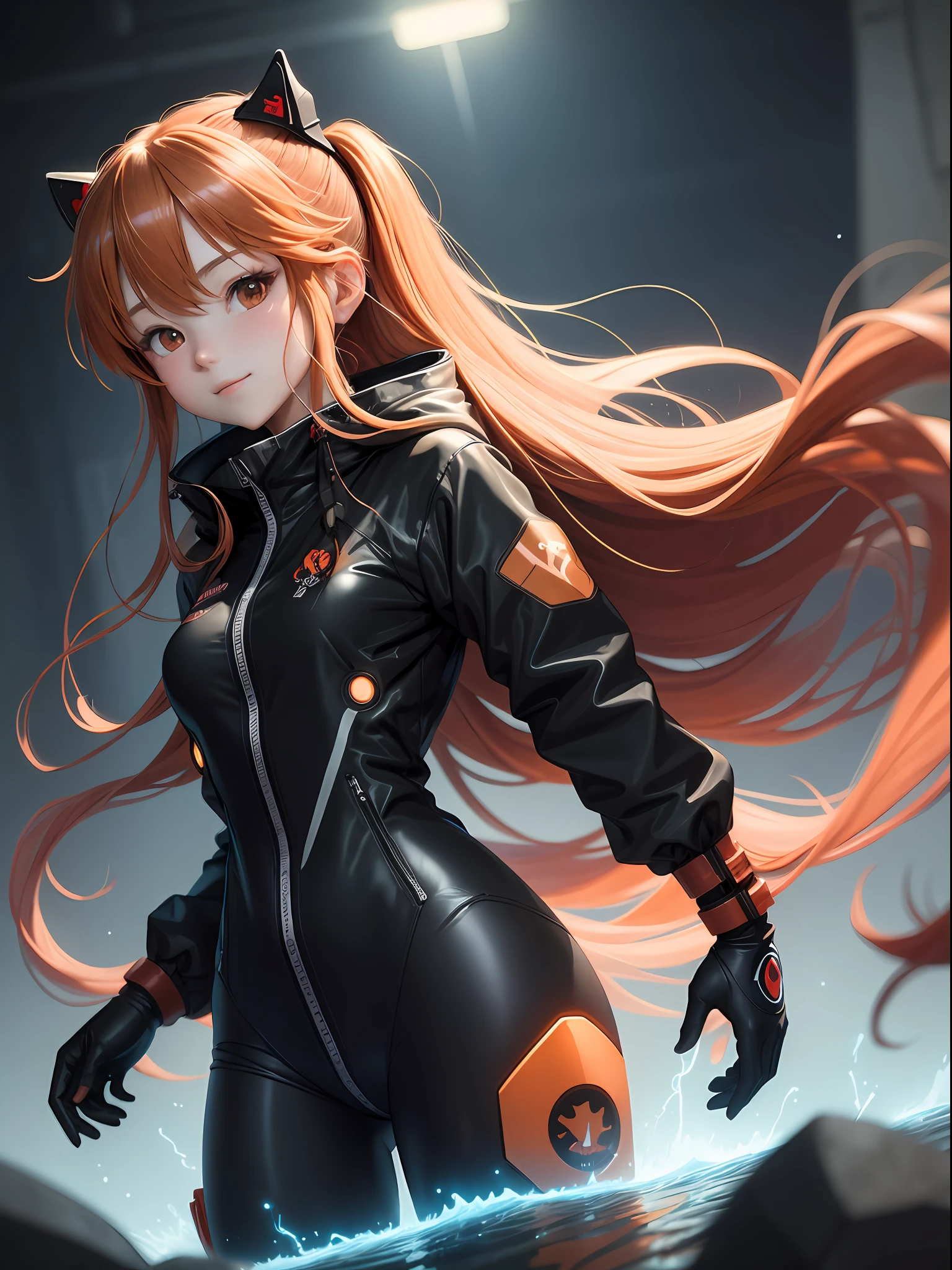 masterpiece, best quality, illustration, 1girl, souryuu asuka langley, long hair, black jacket, plugsuit, glow, glowing, smug, (smile:0.7), (from above:0.8)