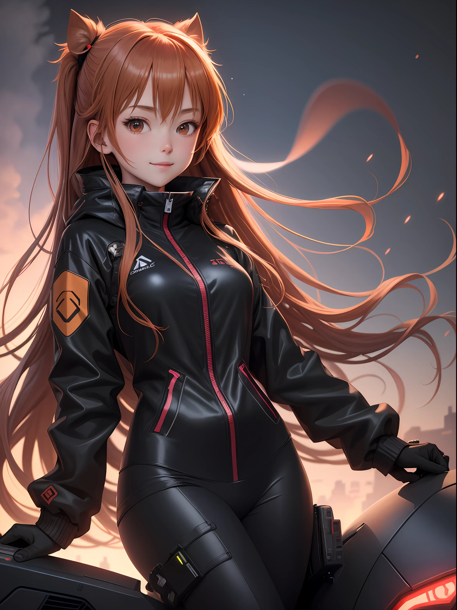 masterpiece, best quality, illustration, 1girl, souryuu asuka langley, long hair, black jacket, plugsuit, glow, glowing, smug, (smile:0.7), (from above:0.8)