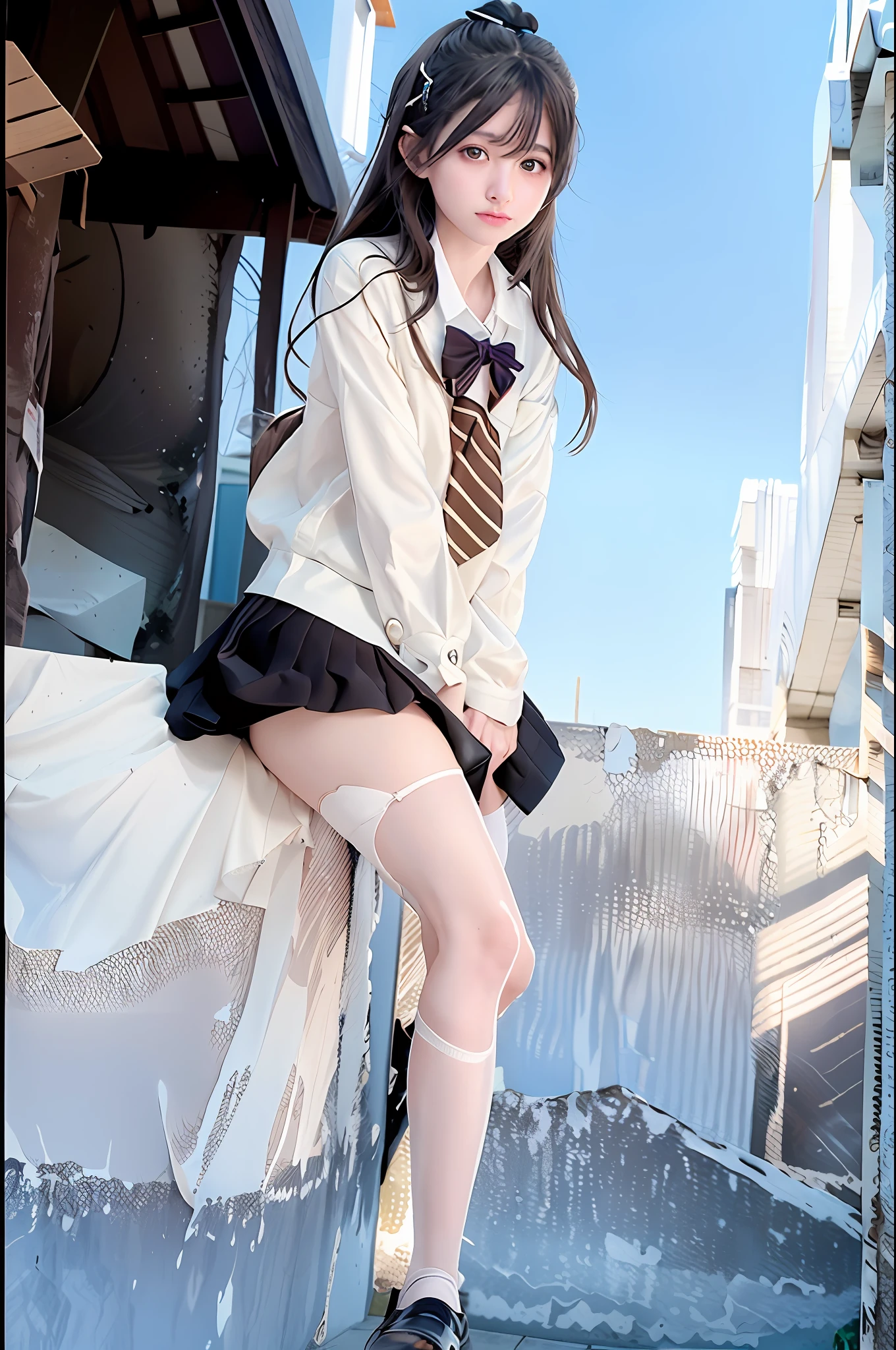 ulzzang-6500-v1.1, (raw photo:1.2), (photorealistic:1.4), beautiful detailed girl, very detailed eyes and face, beautiful detailed eyes, ridiculous, incredibly ridiculous, huge file size, super detailed, high resolution, very detailed, best quality, masterpiece, kemomimi, ((Japanese girls' high school uniform)), illustration, very detailed, CG, unified, 8k wallpaper, amazing, Fine details, masterpiece, best quality, very detailed CG uniform 8k wallpaper, light on face, cinematic lighting, 1girl, , ((no panties)), ((dynamic pose))), (camel toe), (half), (pantyhose), (knee-bending leg sitting))