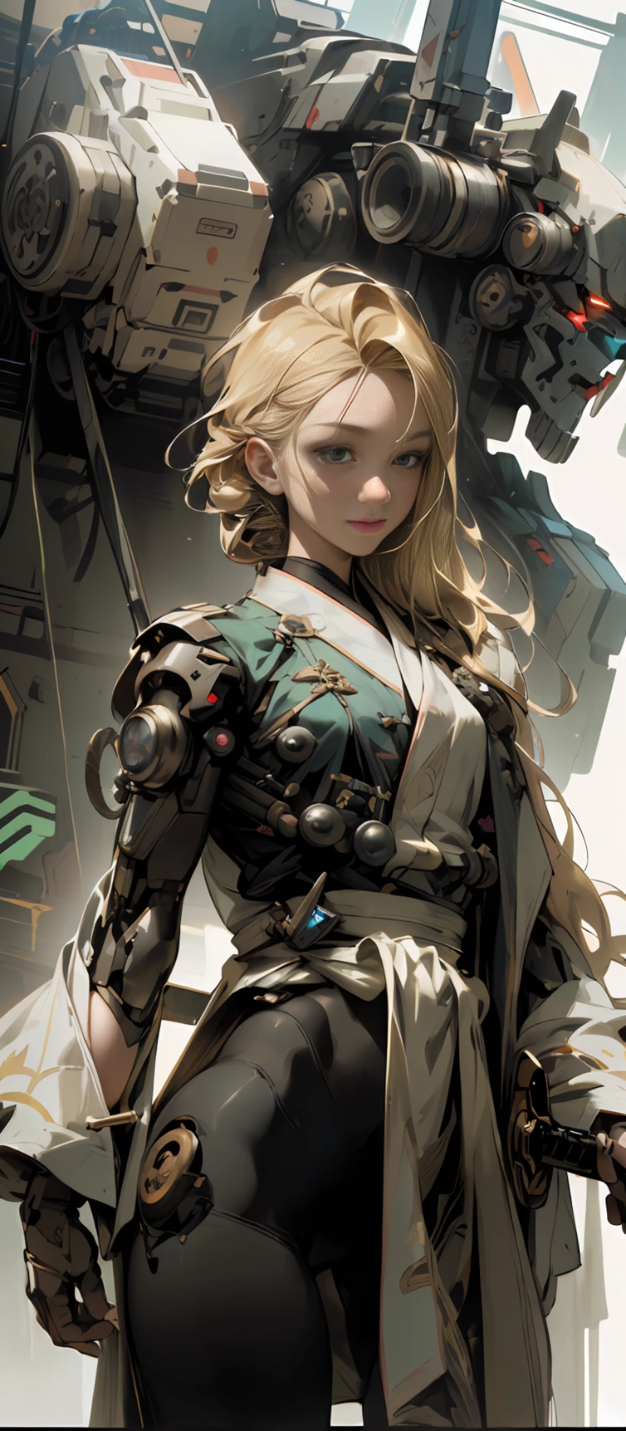 Masterpiece, Best Quality, Film, Official Art, Propaganda Art, Movie Wallpaper, Very Detailed CG Unified 4k Wallpaper, Intricate Details, White Background, Upper Body, Facial Focus, Concept Art, Production Art, ( , Highres, (realistic, photo-realistic:1.2), physically-based rendering, machinery, reflection, realistic, cyberpunk, symmetric front view close up head shot eyes symmetry face very sharp focus realistic award winning matte drawing movie light 1 boy, mecha, (Illustration: 1.1), slim, fair skin, delicate face, king robe, shine, tights, (long blonde hair), green eyes, battlefield, chip, shine, sword