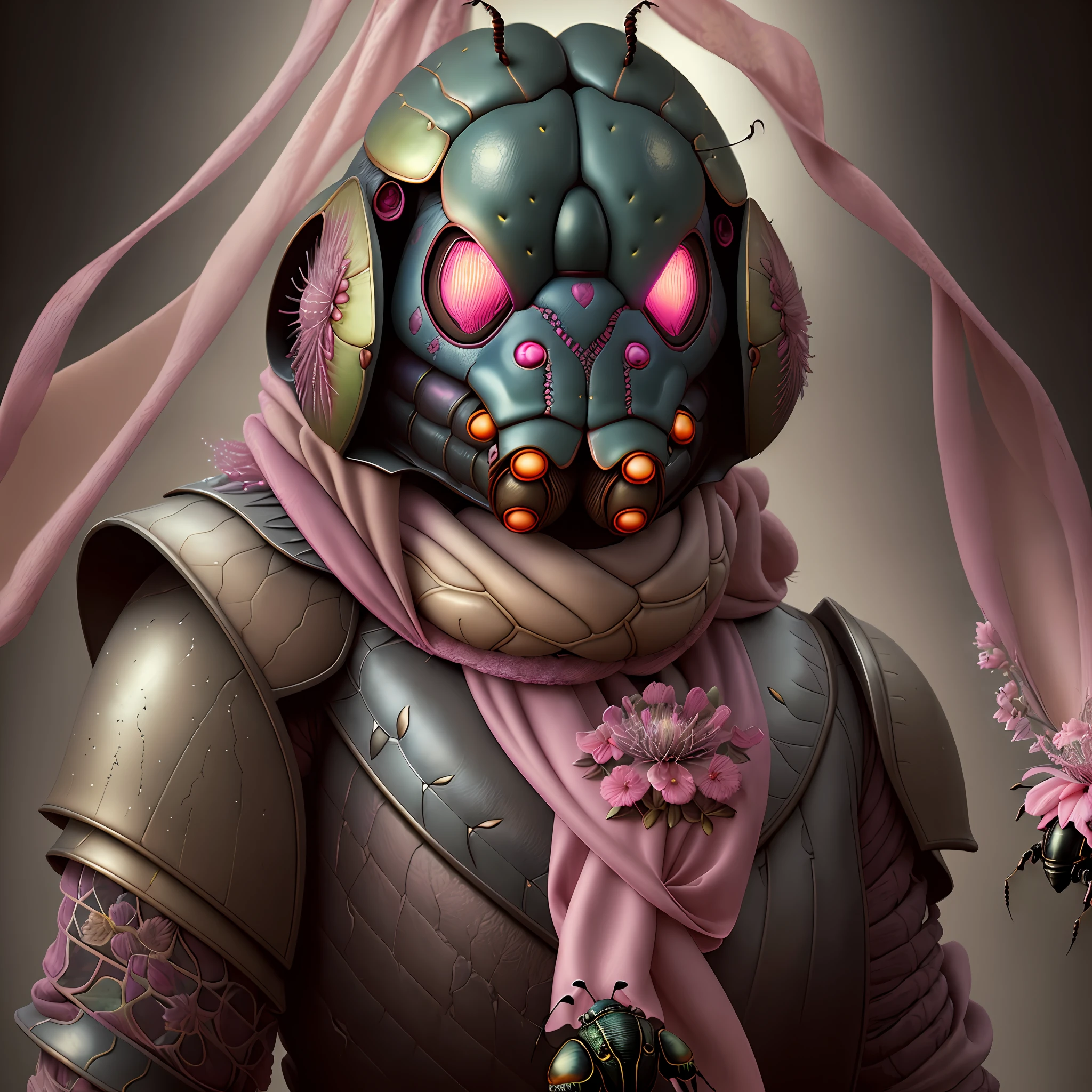floral beetle wearing a (long:1.2) pink (scarf:1.3), a beetle with arms and a head, (dark shot:1.17), epic realistic, faded, ((neutral colors)), art, (hdr:1.5), (muted colors:1.2), hyperdetailed, (artstation:1.5), cinematic, warm lights, dramatic light, (intricate details:1.1), complex background, (rutkowski:0.8), (teal and orange:0.4)