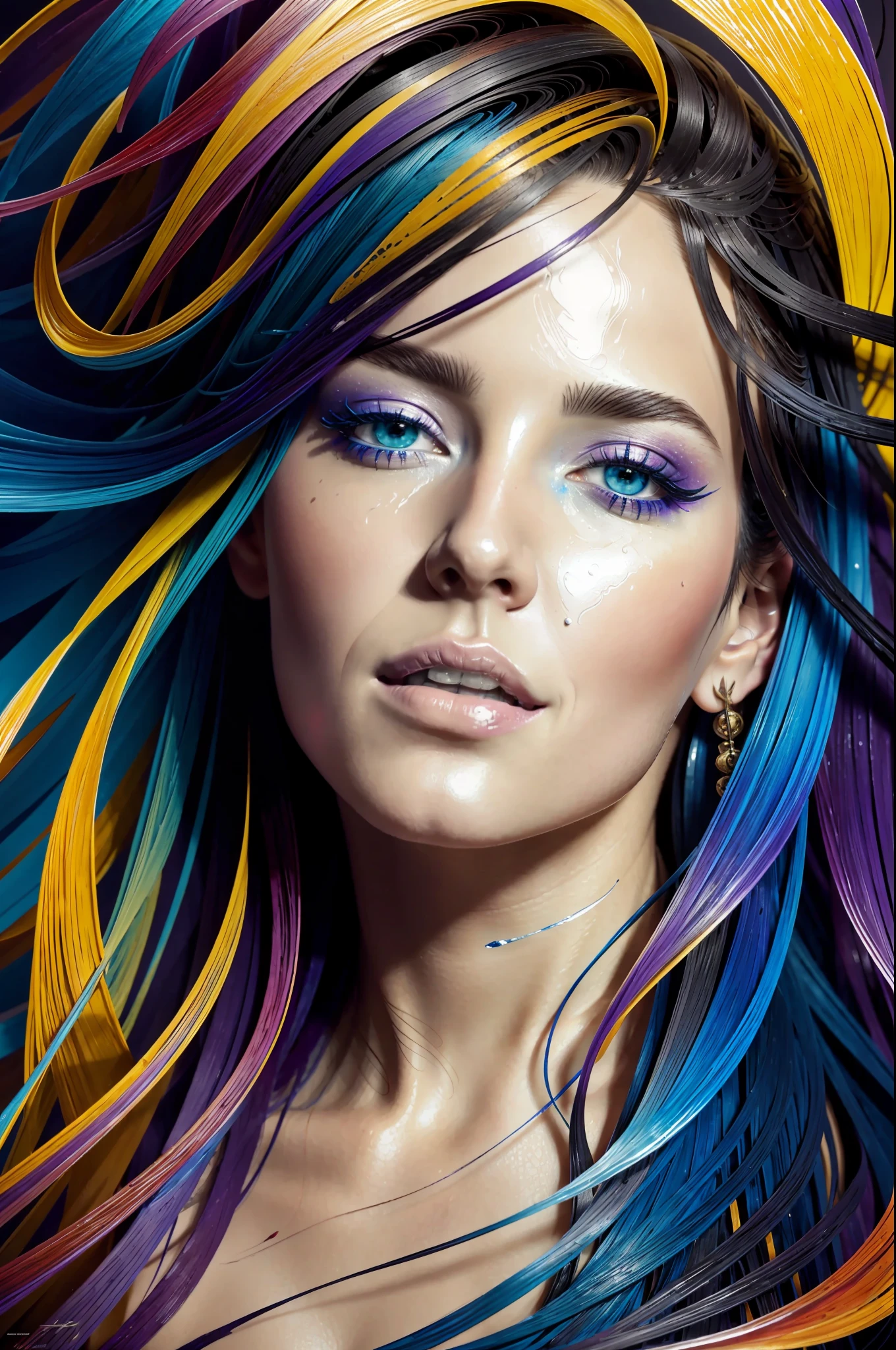 Colorful beautiful girl: a giru 34-years old, messy hair, oil painting, nice perfect face with soft skinice perfect face, blue yellow colors, light purple and violet additions, light red additions, intricate detail, splash screen, 8k resolution, masterpiece, cute face,artstation digital painting smooth veryBlack ink flow: 8k resolution photorealistic masterpiece: intricately detailed fluid gouache painting: by Jean Baptiste Mongue: calligraphy: acrylic: watercolor art, professional photography, natural lighting, volumetric lighting maximalist photoillustration: by marton bobzert:, complex, elegant, expansive, fantastical,  wavy hair, vibrant, Best quality details, realistic, High definition, High quality texture, epic lighting, Cinematic film still, 8k, soft lighting, anime style, masterful playing card border, random Colorful art, oil painting, blue yellow colors, light purple and violet additions, light red additions, intricate detail, splash screen, 8k resolution, masterpiece, artstation digital painting smooth veryBlack ink flow: 8k resolution photorealistic masterpiece: intricately detailed fluid gouache painting: by Jean Baptiste Mongue: calligraphy: acrylic: watercolor art, professional photography, natural lighting, volumetric lighting maximalist photoillustration: by marton bobzert:, complex, elegant, expansive, fantastical, vibrant