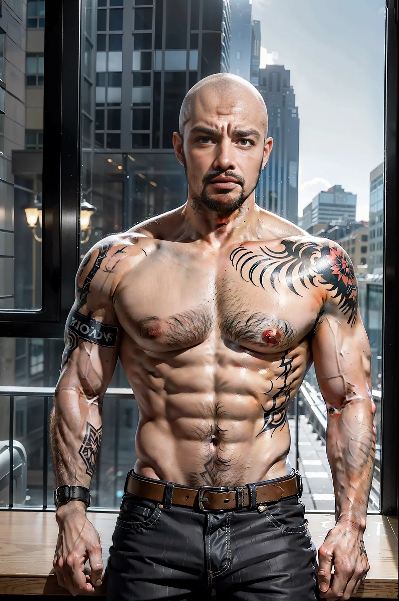 (male:1.2), man, (beard:0.8), (bodybuilder:0.9), (skinhead:0.7),cold face, tough guy, cowboyshot, tattoo, french windows, luxury hotel
masterpiece, best quality, photorealistic