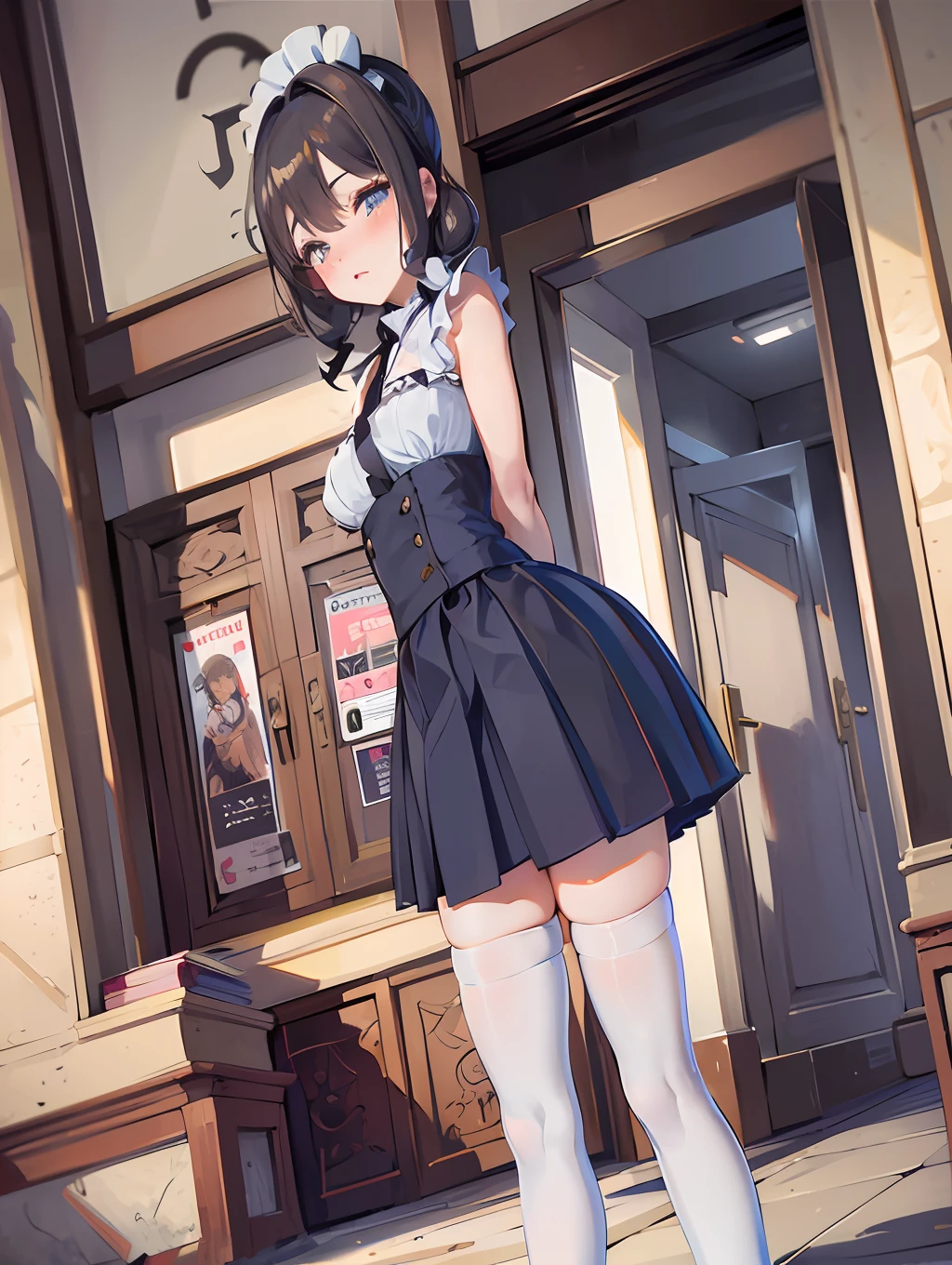 ((loli) | (sexy)) Maid outfit, cute face, slightly chubby figure, white stockings (|net socks), high quality shooting, highlight and mirror effect highlight white stockings.