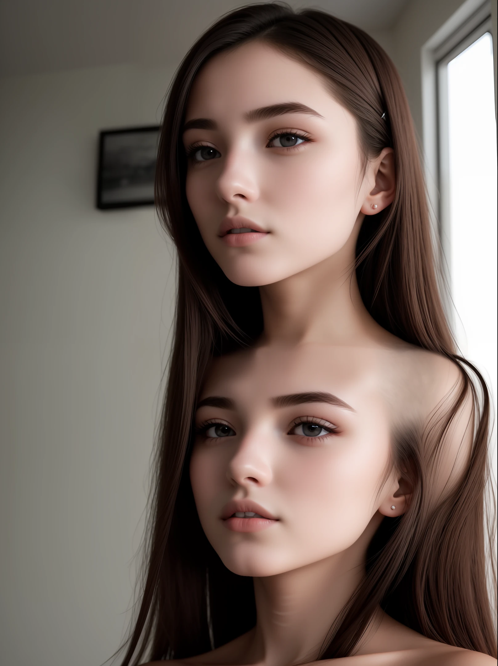 RAW Photo, Refined, Best Quality, (Complex Detail: 1.3), Ultra Detail, Fine Detail, Color, 8K UHD, Film Grae, (Studio Lighting: 1.2), (Fujifilm XT3), (Photorealism: 1.3), (Detailed Skin: 1.2), Lens Flare, Shade, Back Lighting, Bloom, Depth of Field, Natural Lighting, Hard focus, film grain, look at the viewer, NSFW, (PureErosFace_V1:0.5), VirtualGirl-Aim, 1 girl, 18 years old, solo focus, skinny, fair skin, soft lips, (light eyebrows: 1.4), shiny brown eyes, long black hair, hairpins, small breasts, beautiful details sky, flowing hair, bathroom, (nose red), beautiful details eyes, nude
