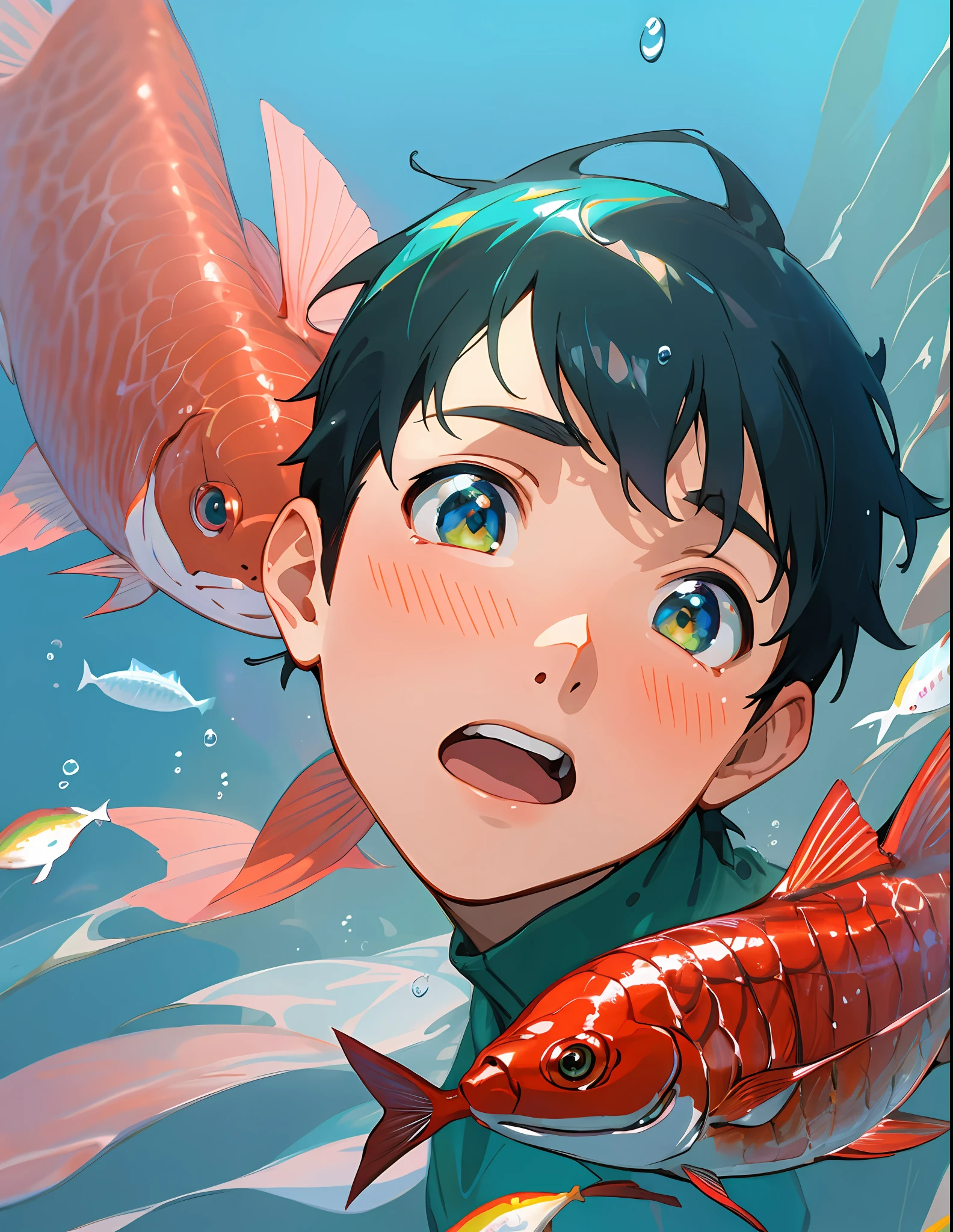 Facial close - up, a cute boy and red fish, dreamy, watery eyes, front view, makoto shinkai, underwater, in the style of Otomo Katsuhiro, look up, red fish surreal the boy, in a realistic hyper detailed render style, glow, yellow,blue, brush, hyper -realistic oil, exaggerated perspective, Tyndall effect, water drops, mother- of - pearl iridescence, Holographic white, green backgrounc --ar 3:4 --niji 5 --style scenic
