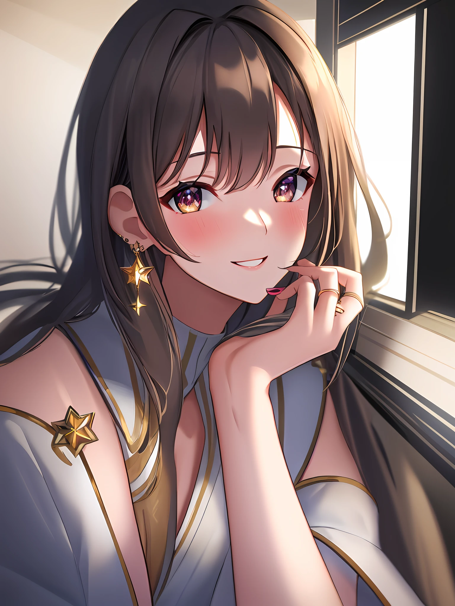 Superb Quality, Masterpiece, High Resolution, 1Girl, Blush, (Seductive Smile: 0.8), Star Eyes, Rings, Earrings, Beauty, on_body, Tyndall Effect, Realistic, Shadow Room, Light Edge, Two-tone Lighting, (High Detail Skin: 1.2), 8K UHD, DSLR, Soft Light, High Quality, Volumetric Lighting, Candid Photo, High Resolution, 4K, 8K, Background Blur