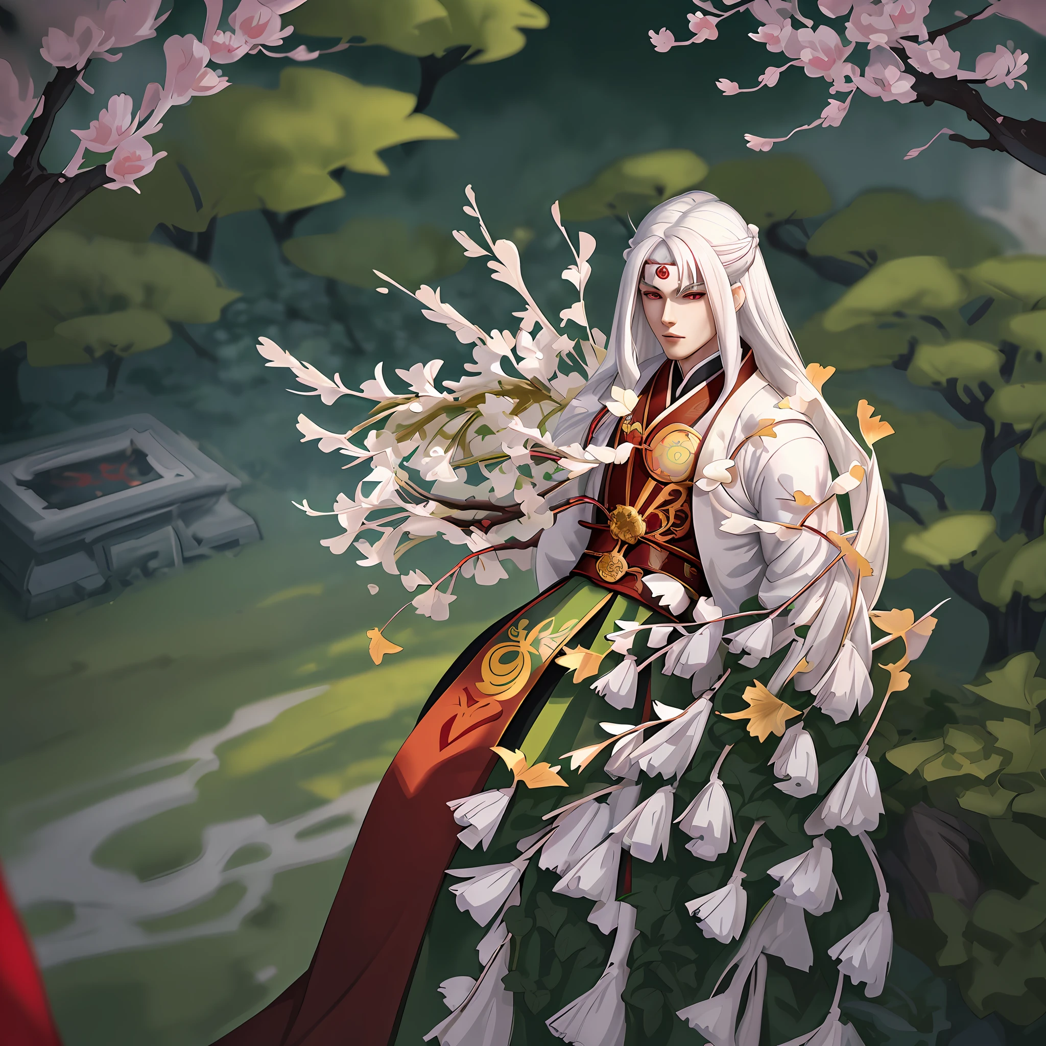 anime, ultra detailed young man with long white hair and red eyes wearing a detailed and intricate xianxia ancient clothes in a detailed ginkgo garden, onmyoji portrait, vector, cartoon, illustration, Huang Shen, ink lines, 32k resolution, best quality