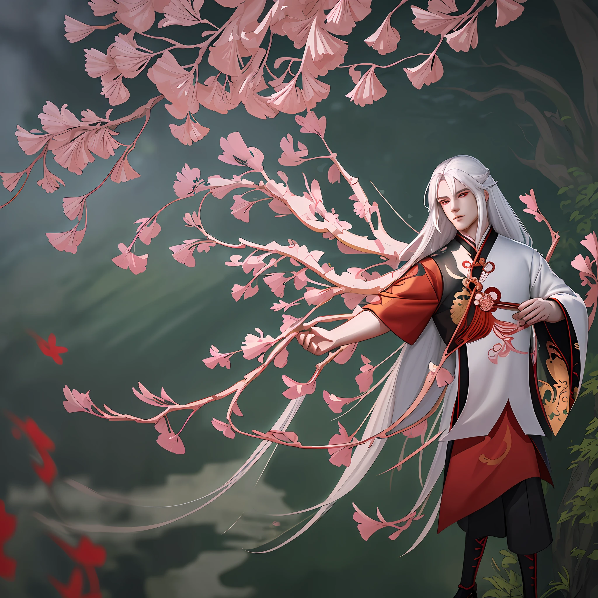 anime, ultra detailed young man with long white hair and red eyes wearing a detailed and intricate xianxia ancient clothes in a detailed ginkgo garden, onmyoji portrait, vector, cartoon, illustration, Huang Shen, ink lines, 32k resolution, best quality