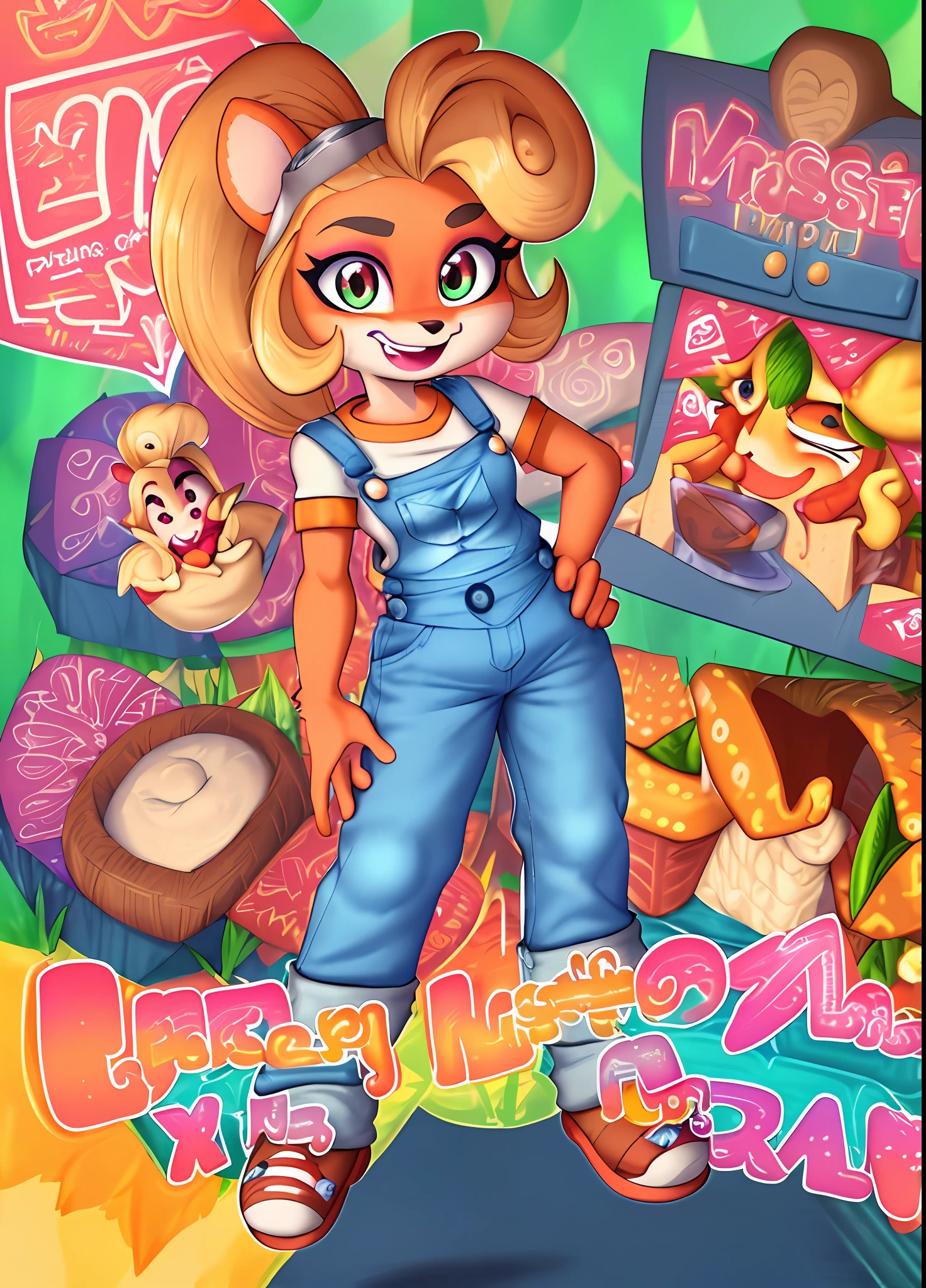 masterpiece, beautiful, detailed, best quality, high res, detailed forest background, white shirt, peace sign (1 arm on hip), denim overalls, looking at viewer, happy expression, white teeth with cute fang, blonde hair with curly ponytail, green eyes, pink eye shadow, short eyelashes, bandicoot, bandicoot snout, black nose, bandicoot ears, sfw, detailed two colored fur (orange and yellow)