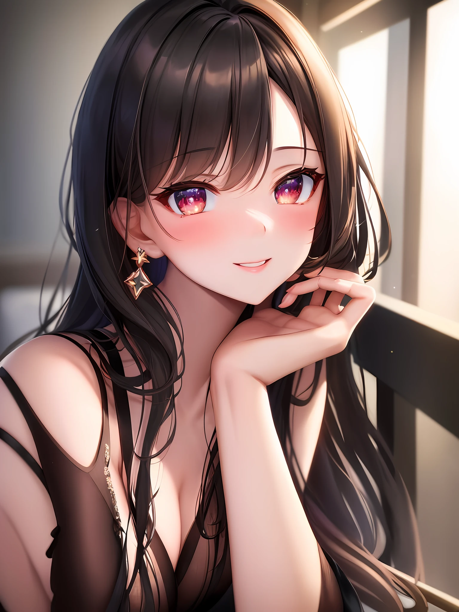 Superb Quality, Masterpiece, High Resolution, 1Girl, Blush, (Seductive Smile: 0.8), Star Eyes, Rings, Earrings, Beauty, on_body, Tyndall Effect, Realistic, Shadow Room, Light Edge, Two-tone Lighting, (High Detail Skin: 1.2), 8K UHD, DSLR, Soft Light, High Quality, Volumetric Lighting, Candid Photo, High Resolution, 4K, 8K, Background Blur