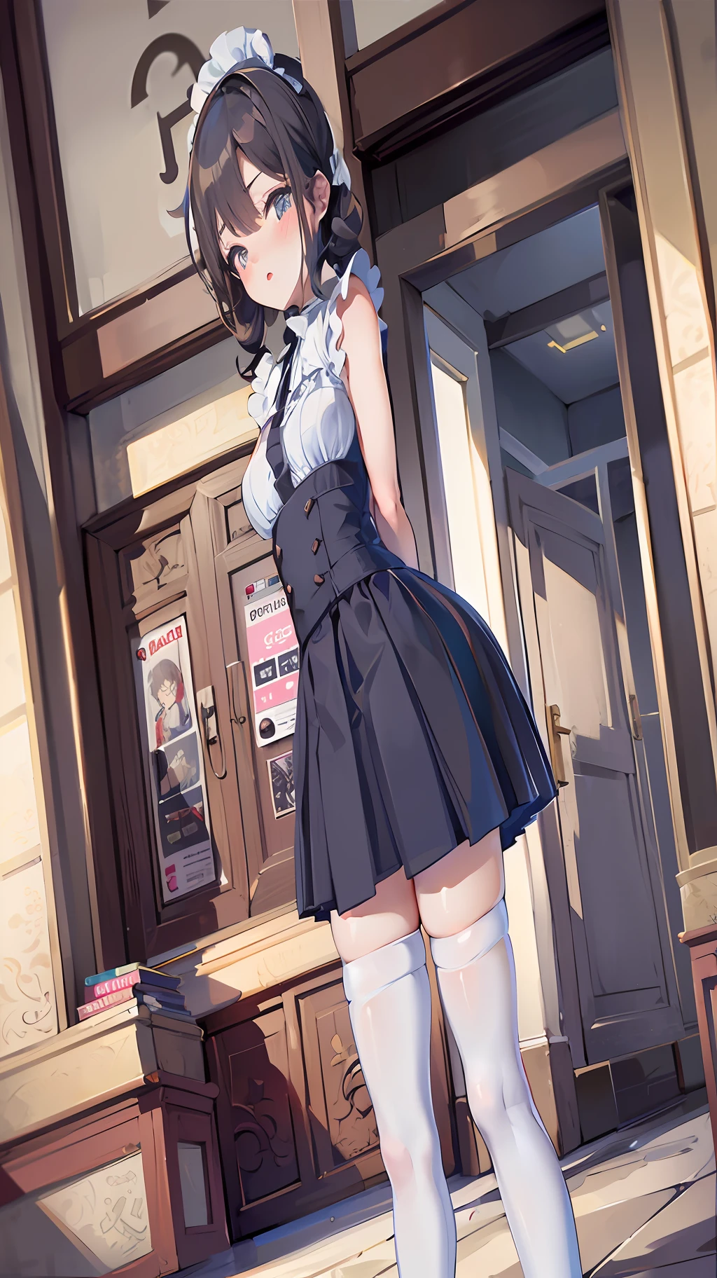 (() | (sexy)) Maid outfit, cute face, slightly chubby figure, white stockings (|net socks), high quality shooting, highlight and mirror effect highlight white stockings.