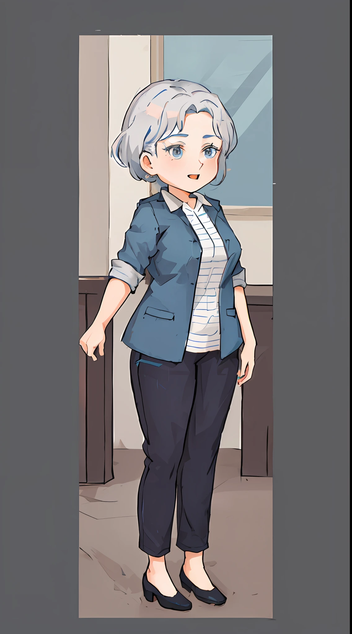 a cartoon drawing of a woman in a blue jacket and black pants, full body portrait of a short!, !!full body portrait!!, character full body portrait, full body character portrait, inspired by senior character artist, single character full body, fullbody portrait, professor clothes, full-body character portrait, female protagonist 👀 :8, full body!, full body single character
