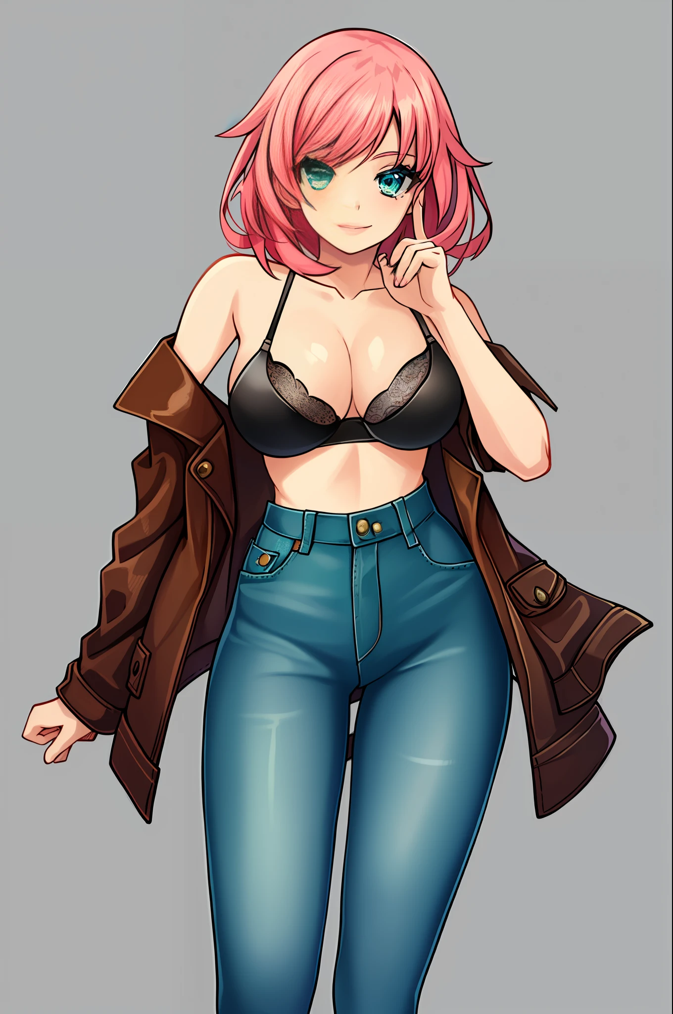 portrait of a cute girl alice, full body, pink hair, green eyes, leather jacket, tight jeans , shoulder-length layered cut, slender build, perfect breasts, bra, beautiful woman