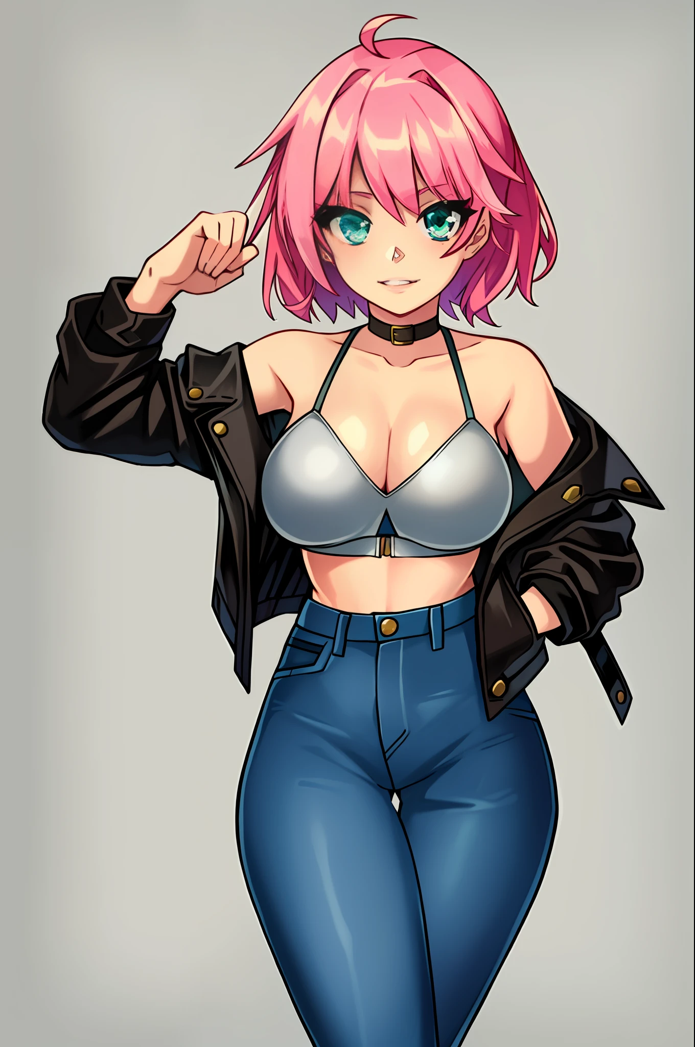 portrait of a cute girl alice, full body, pink hair, green eyes, leather jacket, tight jeans , shoulder-length layered cut, slender build, perfect breasts, bra, beautiful woman