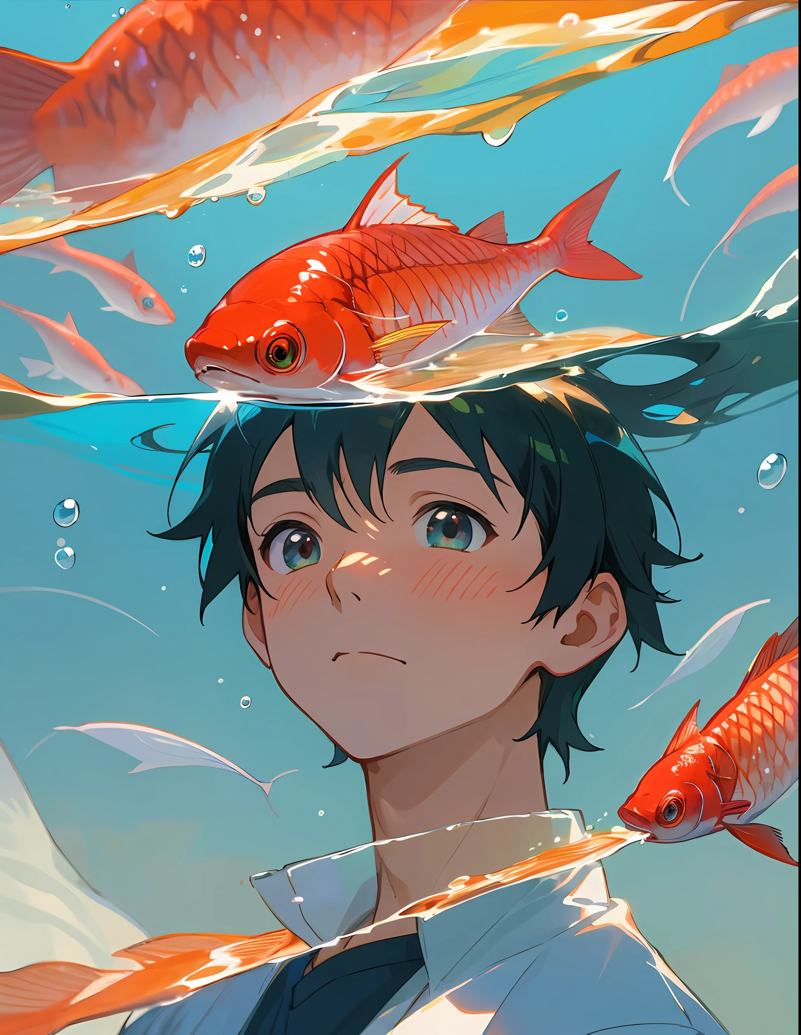 Facial close - up, a cute boy and red fish, dreamy, watery eyes, front view, makoto shinkai, underwater, in the style of Otomo Katsuhiro, look up, red fish surreal the boy, in a realistic hyper detailed render style, glow, yellow,blue, brush, hyper -realistic oil, exaggerated perspective, Tyndall effect, water drops, mother- of - pearl iridescence, Holographic white, green backgrounc --ar 3:4 --niji 5 --style scenic
