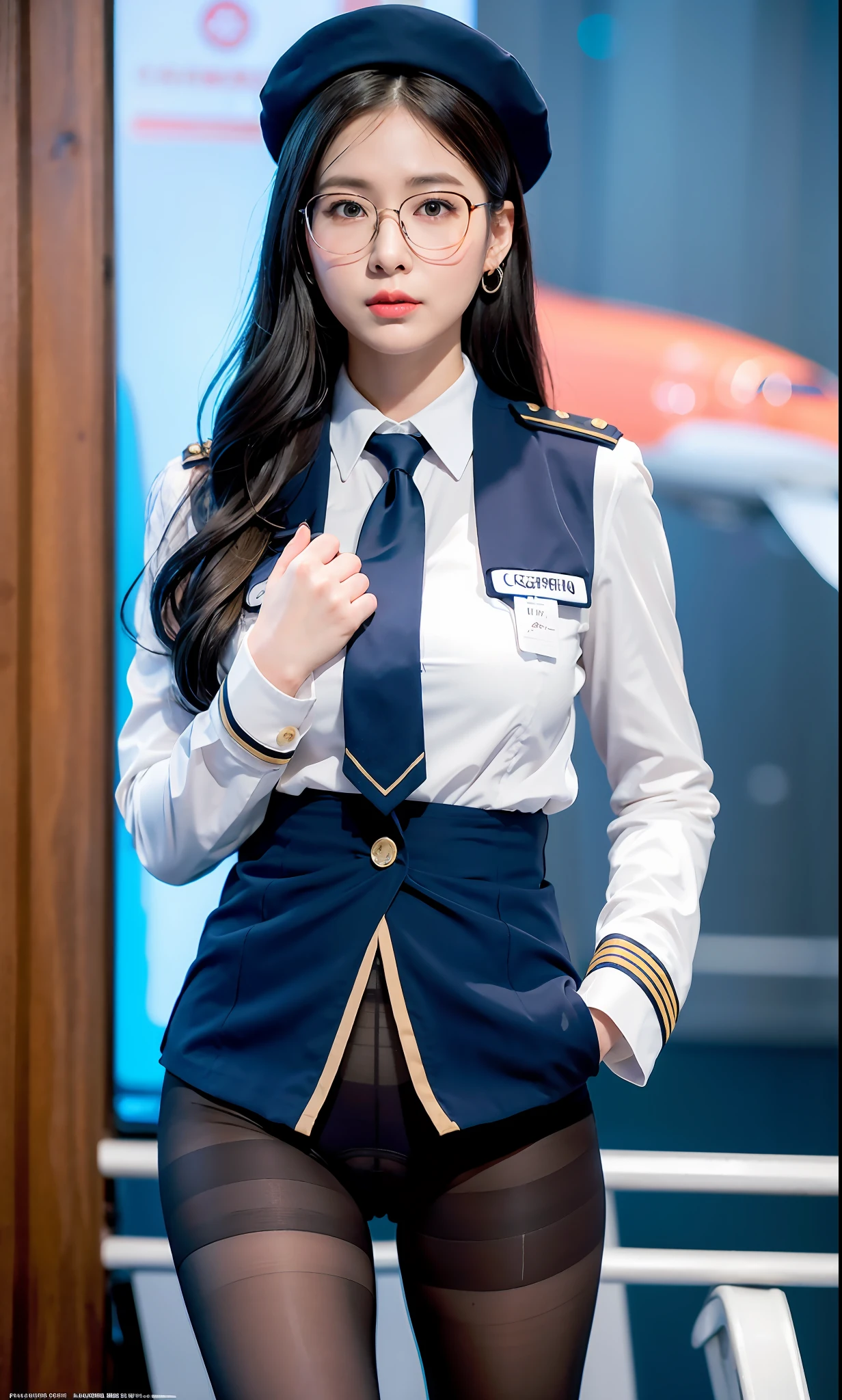 ulzzang-6500-v1.1, (raw photo:1.2), (photorealistic:1.4), beautiful detailed girl, very detailed eyes and face, beautiful detailed eyes, ridiculous, incredibly ridiculous, huge file size, super detailed, high resolution, very detailed, best quality, masterpiece, kemomimi, ((flight attendant outfit)), illustration, very detailed, CG, unified, 8k wallpaper, amazing, fine details , masterpiece, best quality, very detailed CG uniform 8k wallpaper, light on face, movie lighting, 1girl, , white hair, side split, (no hat), (no panties)), (with glasses), ((dynamic pose))), (camel toe), (half), (pantyhose), (pantyhose and legs))