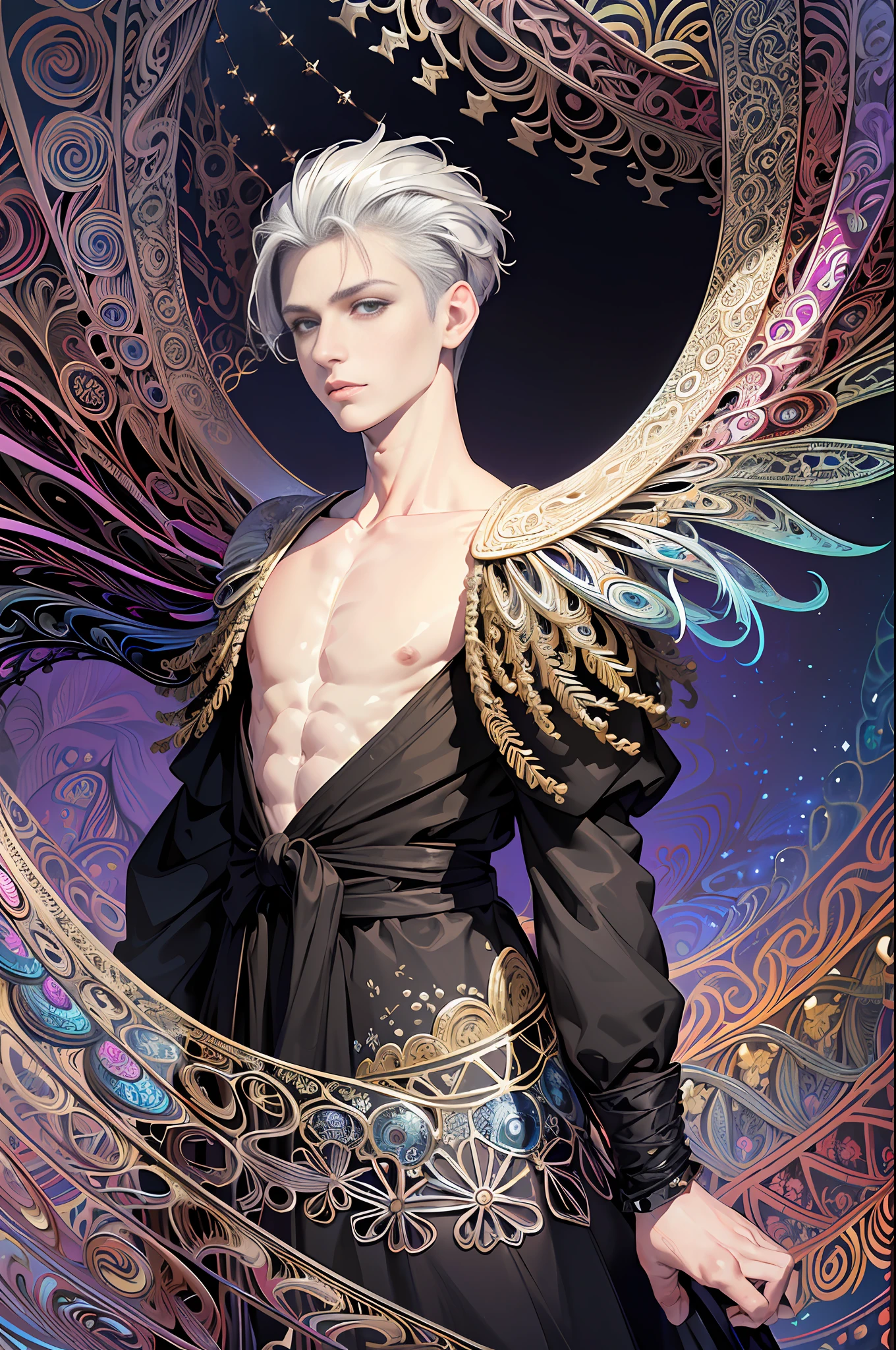 realistic,  (masterpiece, top quality, best quality, official art, beautiful and aesthetic:1.2), 
extremely detailed,fractal art,colorful,highest detailed,zentangle,(abstract background:1.5)
(1boy:1.3), (birds),silver hair, bright eyes,hair slicked back, short hair, black robe, male, celestial back ground