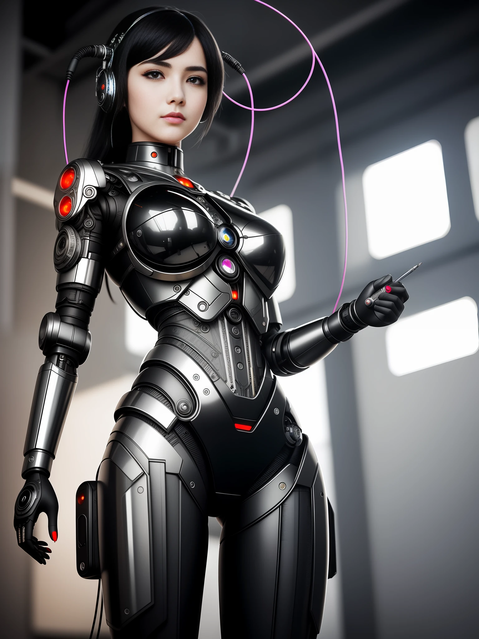 Masterpiece, 4k, Cute Girl Made of Polished Metal, (Cyborg:1.1), ([Wire]:1.3), (Intricate Details), HDR, (Intricate Details, Hyperdetail:1.2), Cinematic Shot, Center, Strong Legs, Detailed Face, Pretty Face, Pale Face, Black Hair