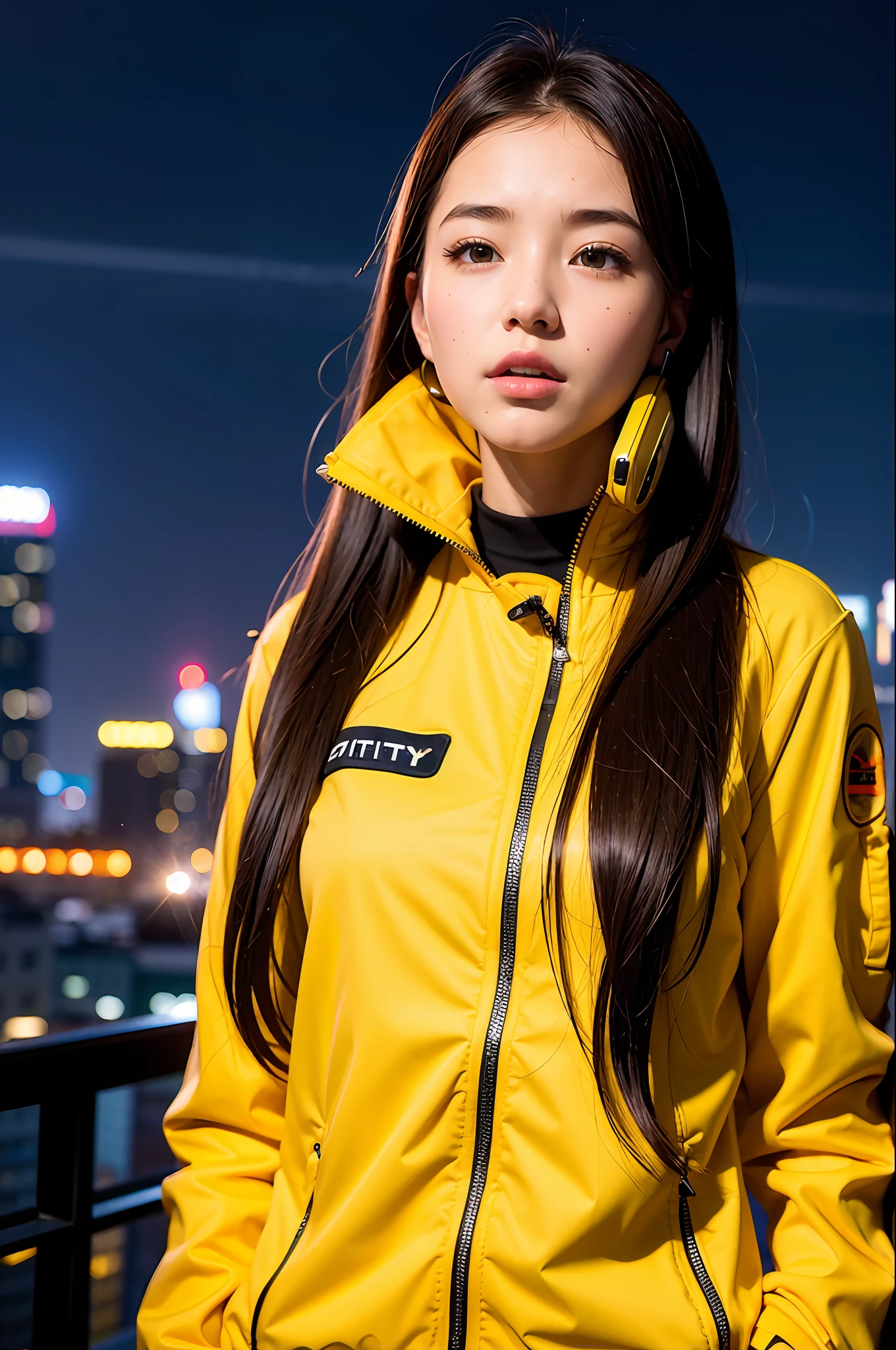 (Realistic:1.2), 18yo Girl, Headphone Set, Yellow Jacket, View from Below, (City:1.4), (Starfield:1.1), (Neon, Flash, Lightning:1.1), Top Shot