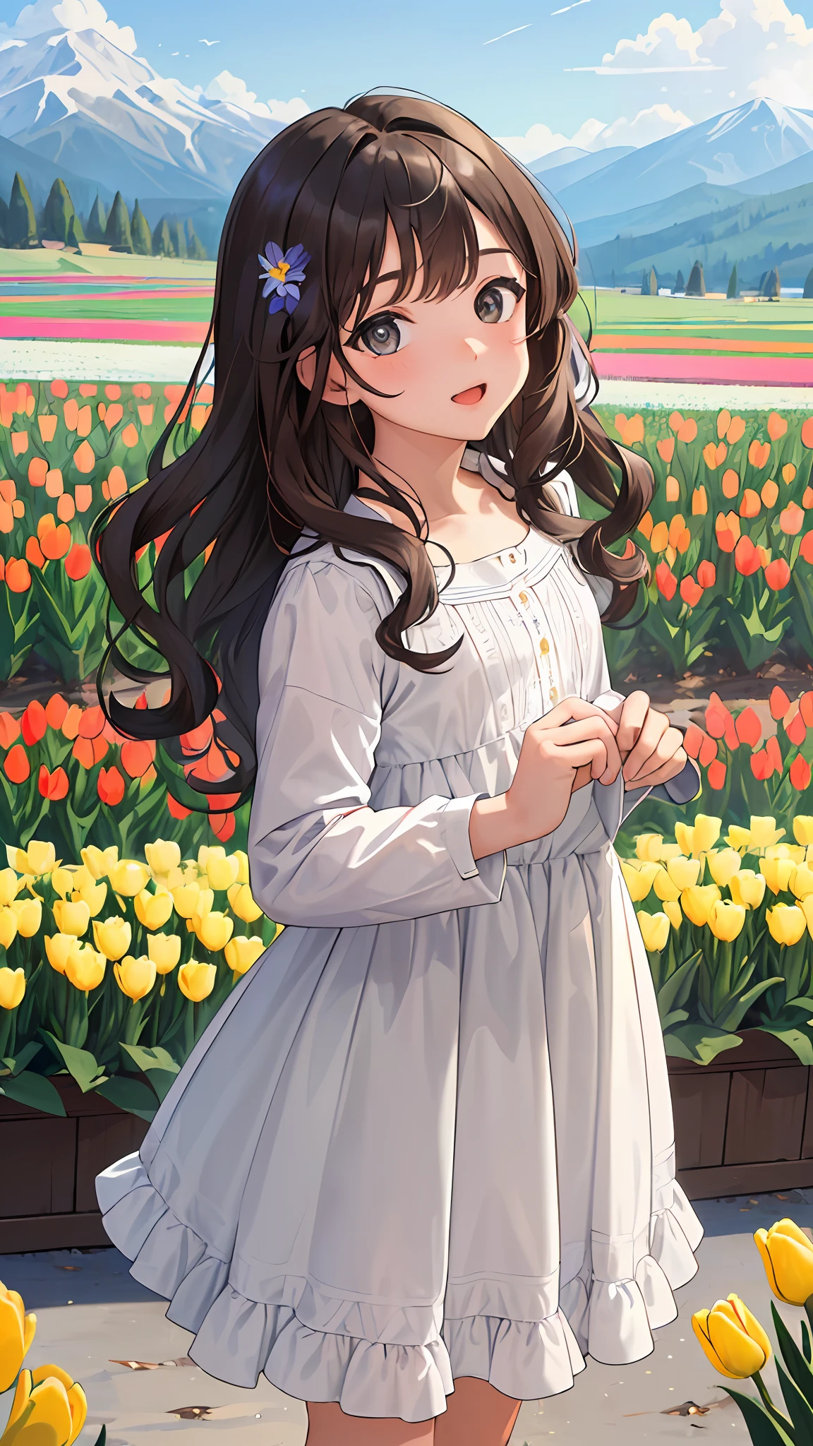 (Masterpiece, best quality: 1.2), looking at the viewer, wavy curls, (bright skin: 1.2), {outdoors}, {wide background}, {upper body|cowboy lens|full body}, tulip flowers all over the mountains, gray eyes,
brunette