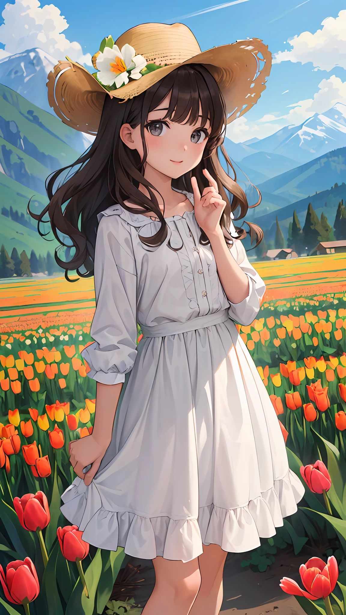 (Masterpiece, best quality: 1.2), looking at the viewer, wavy curls, (bright skin: 1.2), {outdoors}, {wide background}, {upper body|cowboy lens|full body}, tulip flowers all over the mountains, gray eyes,
brunette