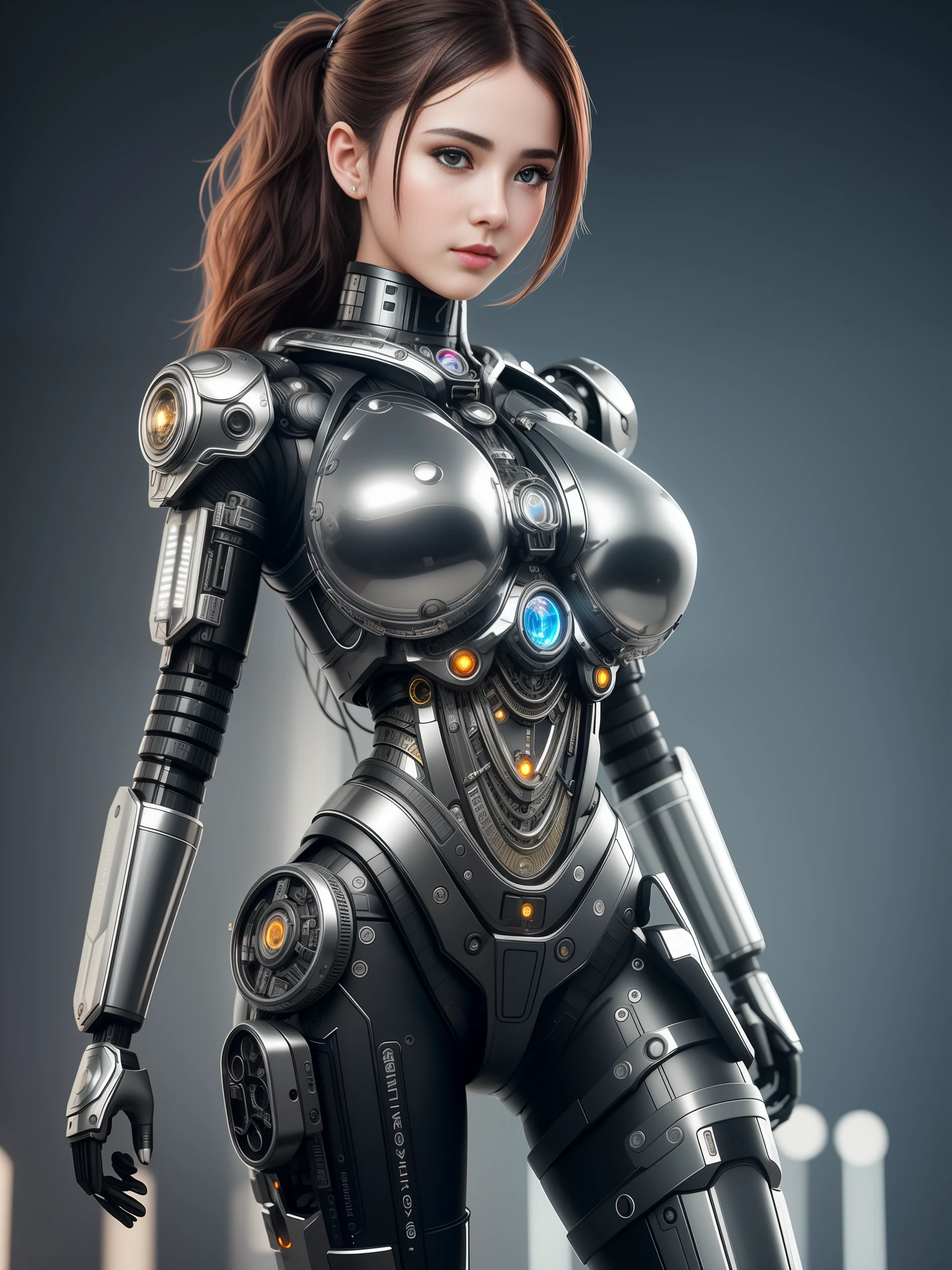 Masterpiece, 4K, 8K, Cute Girl Made of Glossy Metal, (Cyborg:1.1), ([Wire]:1.3), (Intricate Details), HDR, (Intricate Details, Hyperdetail:1.2), Wide Shot, Center, Visible Brain, Strong Legs, Pretty Face, Detailed Face, Standing Posture,