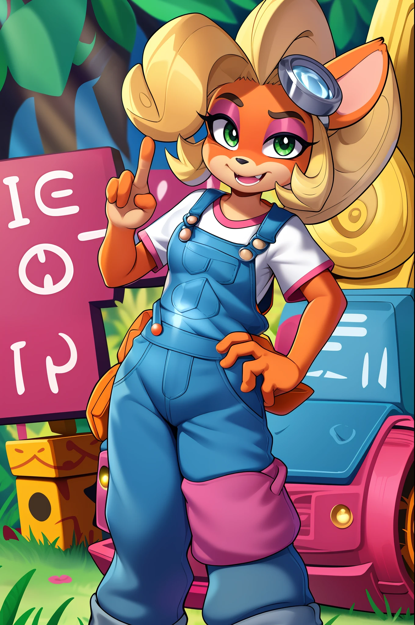 masterpiece, beautiful, detailed, best quality, high res, simple forest background, white shirt (pink lined clothes), peace sign (1 arm on hip), denim overalls, looking at viewer, happy expression, white teeth with cute fang, blonde hair with curly ponytail, green eyes, pink eye shadow, short eyelashes, bandicoot, bandicoot snout, black nose, bandicoot ears, sfw, detailed two colored fur (orange and yellow)