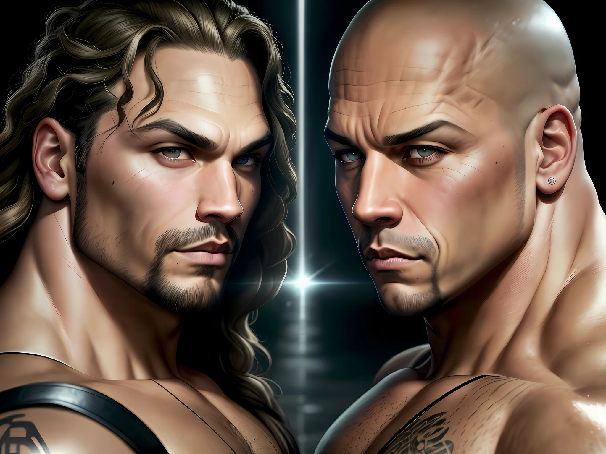 ((Realism)): Faces of Jason Momoa and Vin Diesel, enemies separated on a dark background. ((Details)): Expressive eyes, natural wrinkles and skin texture. ((Lighting)): Strong shadow that highlights the features, highlight light at the key points. ((Atmosphere)): Tense and dramatic. ((Emotion)): Conflict and rivalry between the characters."