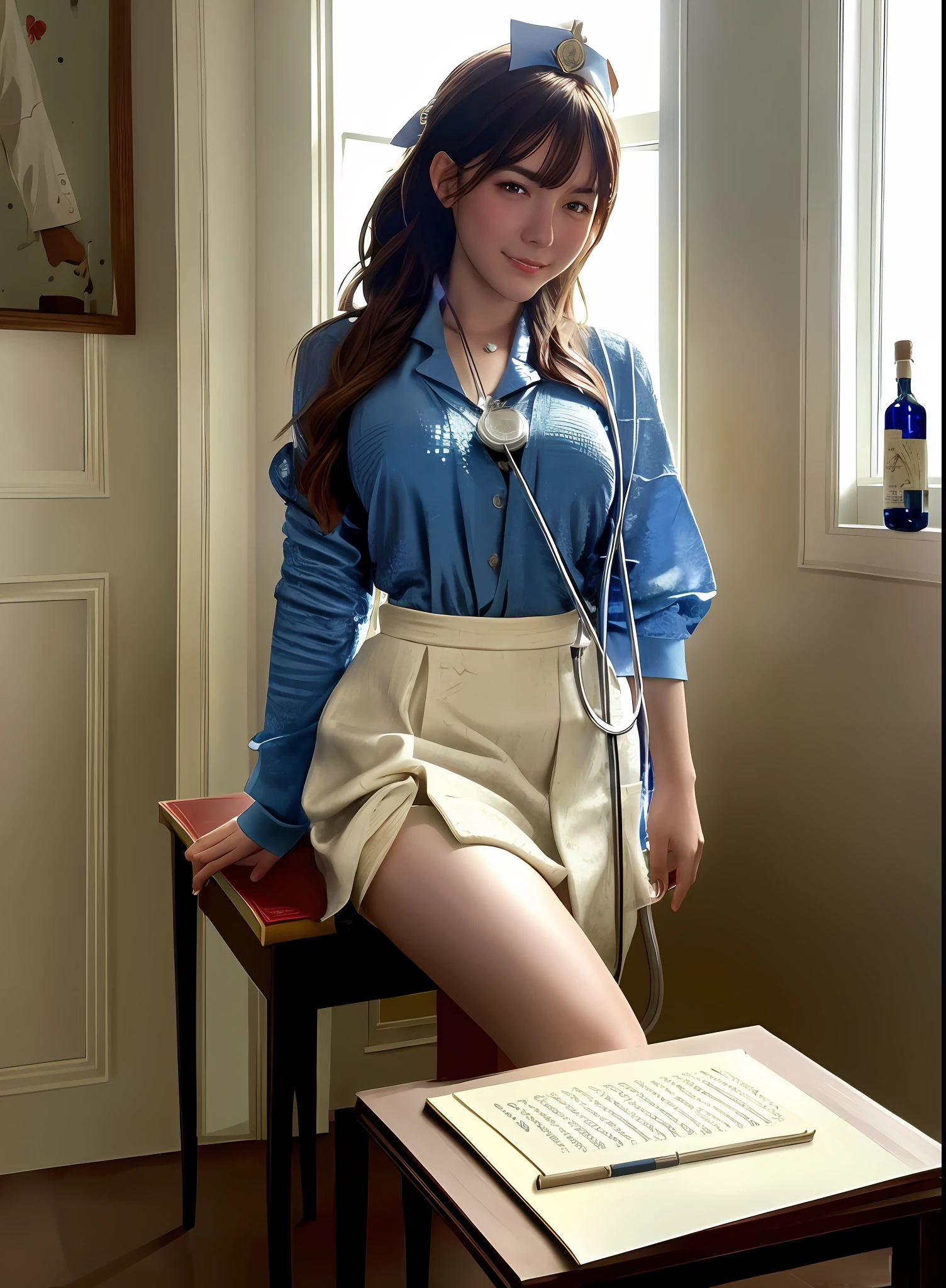 full shot body photo of the most beautiful artwork in the world featuring ww2 nurse holding a liquor bottle sitting on a desk nearby, smiling, freckles, white outfit, nostalgia, sexy, stethoscope, heart professional majestic oil painting by Ed Blinkey, Atey Ghailan, Studio Ghibli, by Jeremy Mann, Greg Manchess, Antonio Moro, trending on ArtStation, trending on CGSociety, Intricate, High Detail, Sharp focus, dramatic, photorealistic painting art by midjourney and greg rutkowski