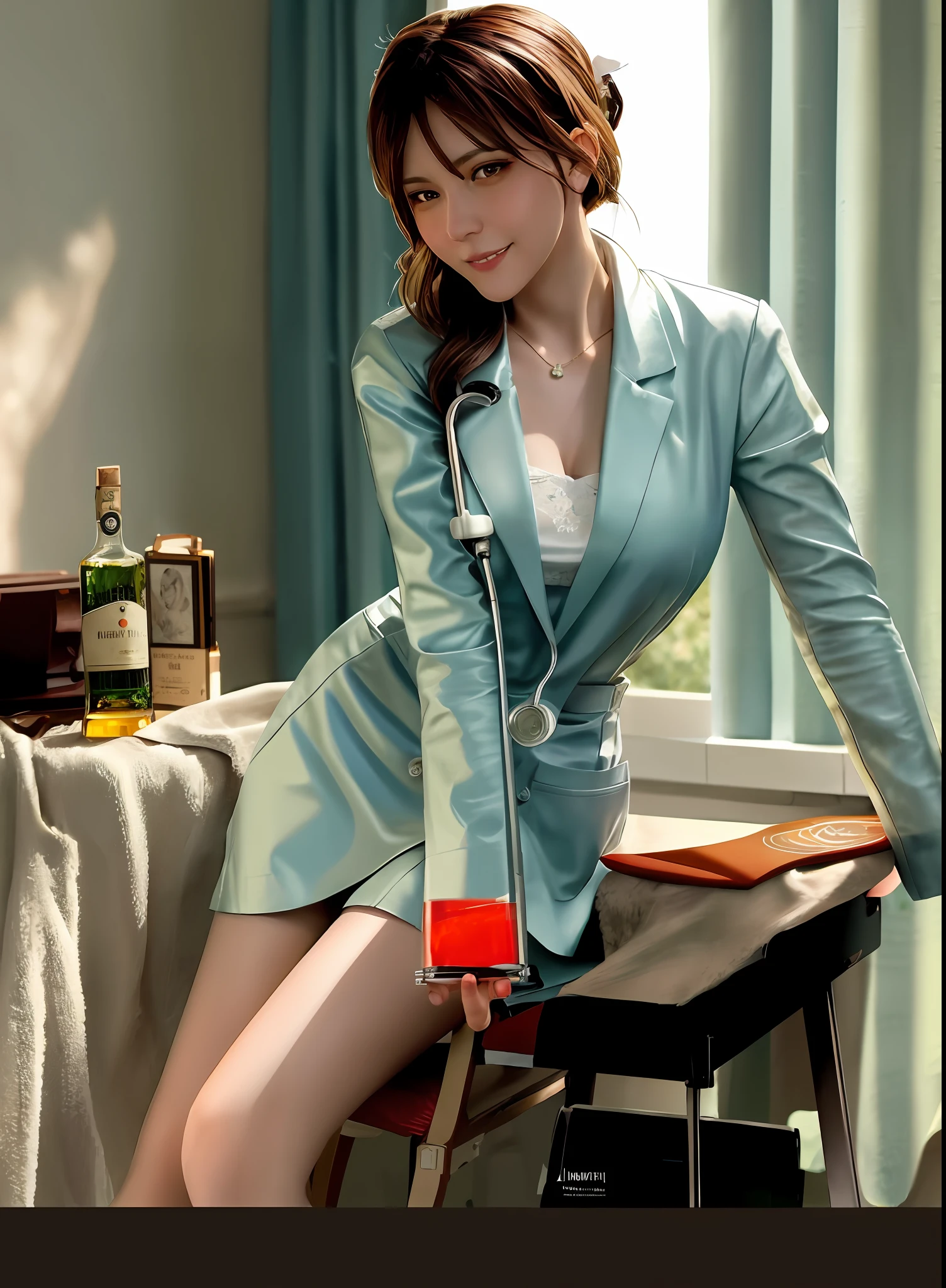 full shot body photo of the most beautiful artwork in the world featuring ww2 nurse holding a liquor bottle sitting on a desk nearby, smiling, freckles, white outfit, nostalgia, sexy, stethoscope,  heart professional majestic oil painting by Ed Blinkey, Atey Ghailan, Studio Ghibli, by Jeremy Mann, Greg Manchess, Antonio Moro, trending on ArtStation, trending on CGSociety, Intricate, High Detail, Sharp focus, dramatic, photorealistic painting art by midjourney and greg rutkowski