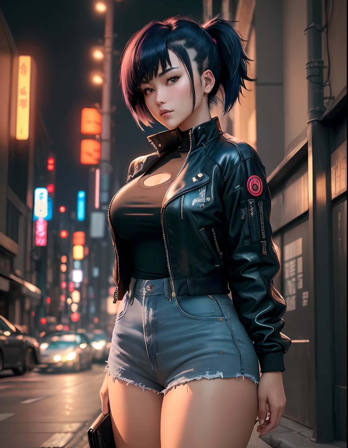 (masterpiece), ((high details)), (high detail face), intricate detail, depth of field, backlighting, award winning, high quality, best quality, 8k, Motoko Kusanagi, (inverted bob hair:1.3), short dark blue hair, ponytail, cyberpunk jacket, black short denim, outside, street, Tokyo, night, standing, looking at the viewer