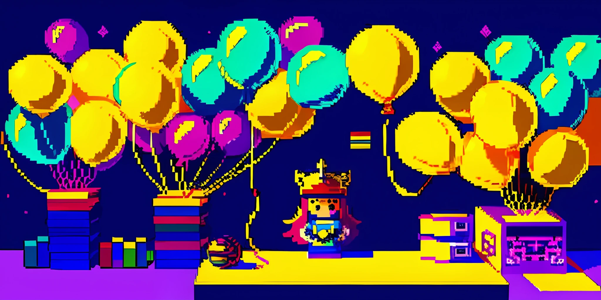 Pixel-art style, stacks of comic books on the table, wall decorated with balloons and ribbons, yellow wall in the background, pastel colors, studio lighting, wide slightly low angle.