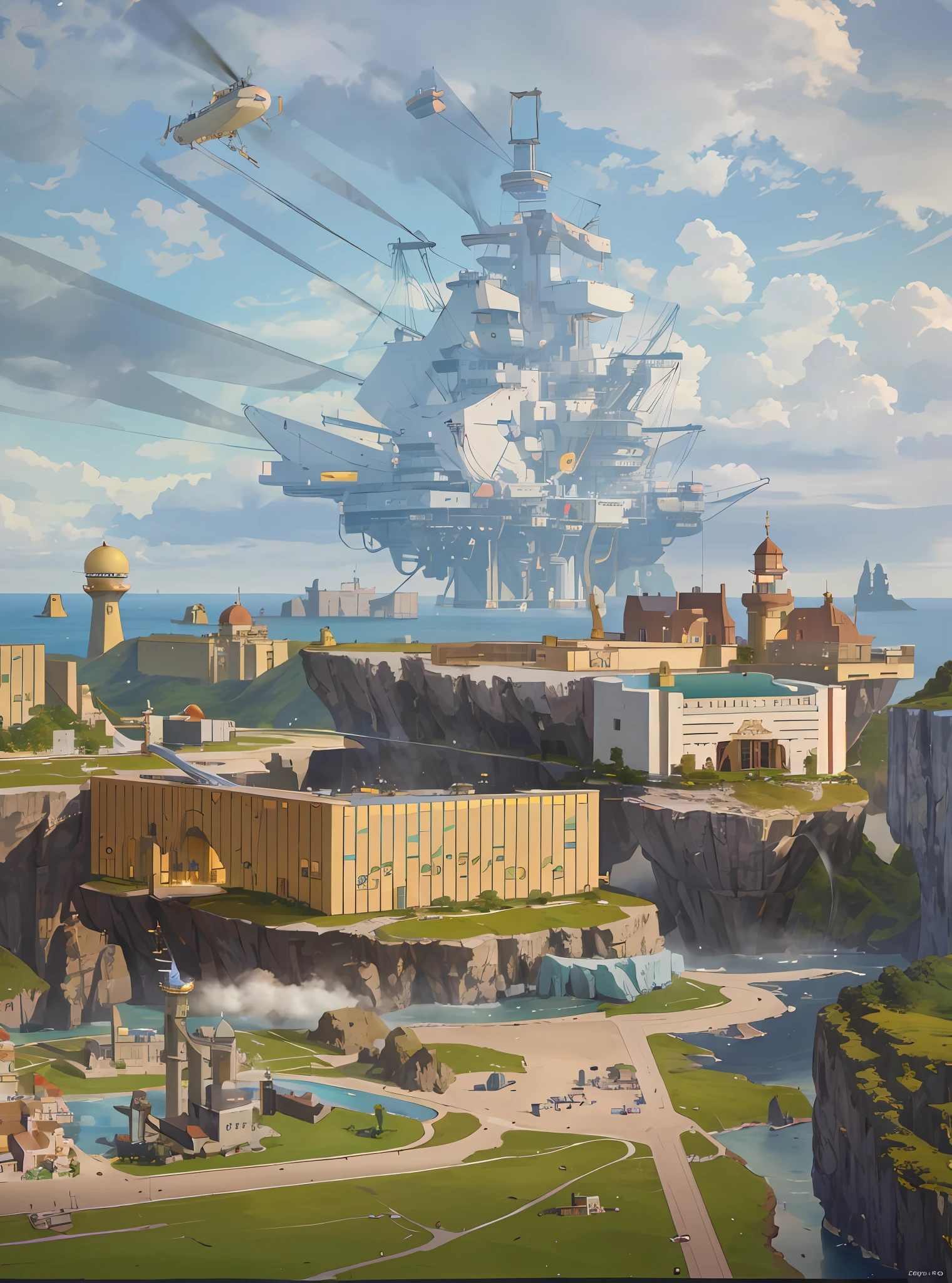 Many islands suspended in the air, many small airships flying around, cities, fantasy, magical plant growth, extreme detail, realistic light, epic composition, (intricate detail), (intricate design, hyperdetail: 1.2), art station, (masterpiece, best quality), ultra hd, 32k (digital painting), (best quality), popular deviant art, ultra-realistic 8k, soft colors, soft lighting, golden hour, calm atmosphere, In the center of the city there is a large building with a large roof, forest, steam, road, dragon, mecha, crane (machine), ocean, water, plane, multiple girls, dress, goggles on the head, airship, ocean in the distance, high mountains in the distance --v 6