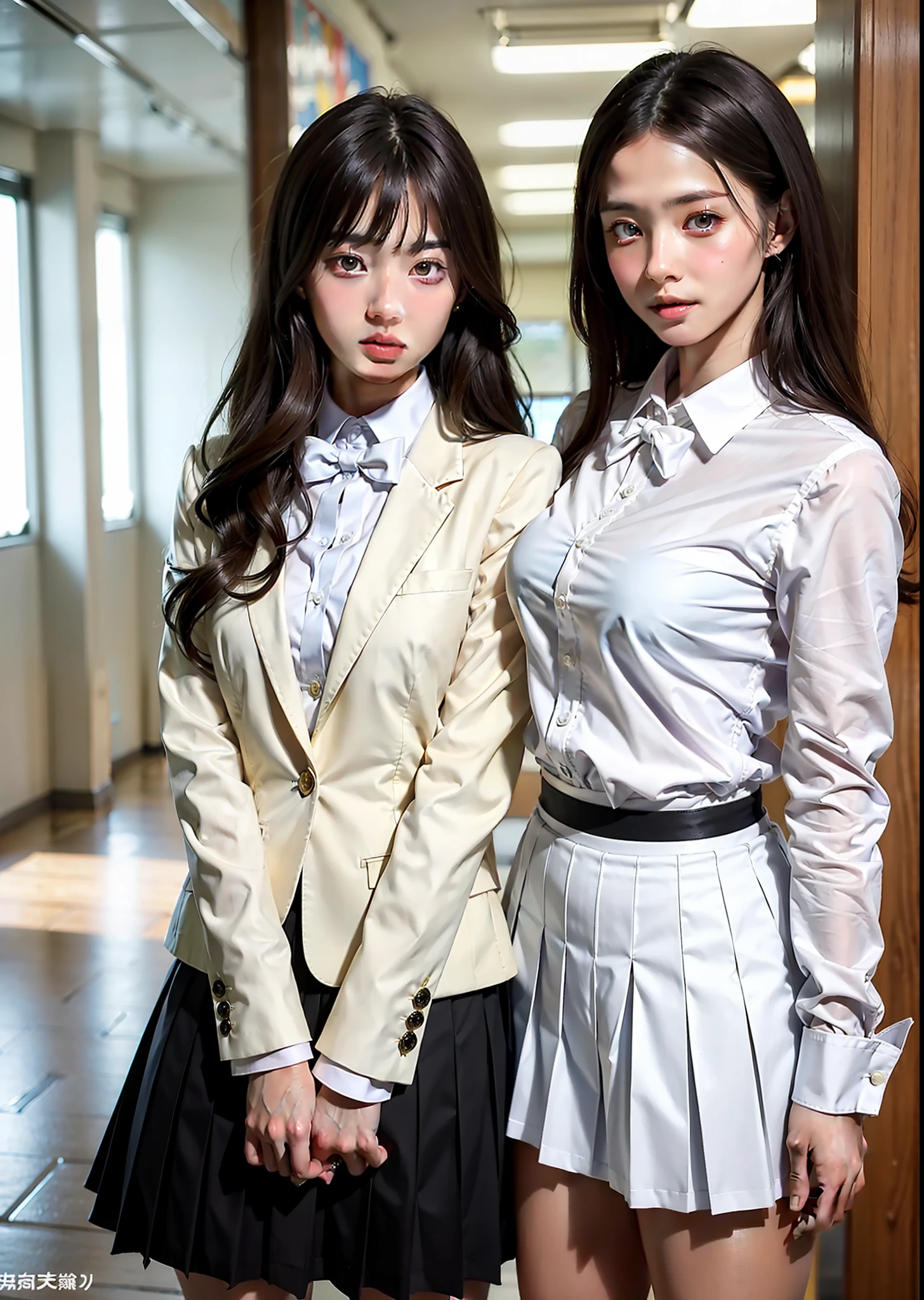 realistic, 2pretty girls in high school halls wearing
school uniform, looking at the viewer, high school girls, (white pleated fabric skirt), black tie, white suit, posing,
light eyes, woman, shiny skin, (skindentation), small breasts, romantic, lesbian couple