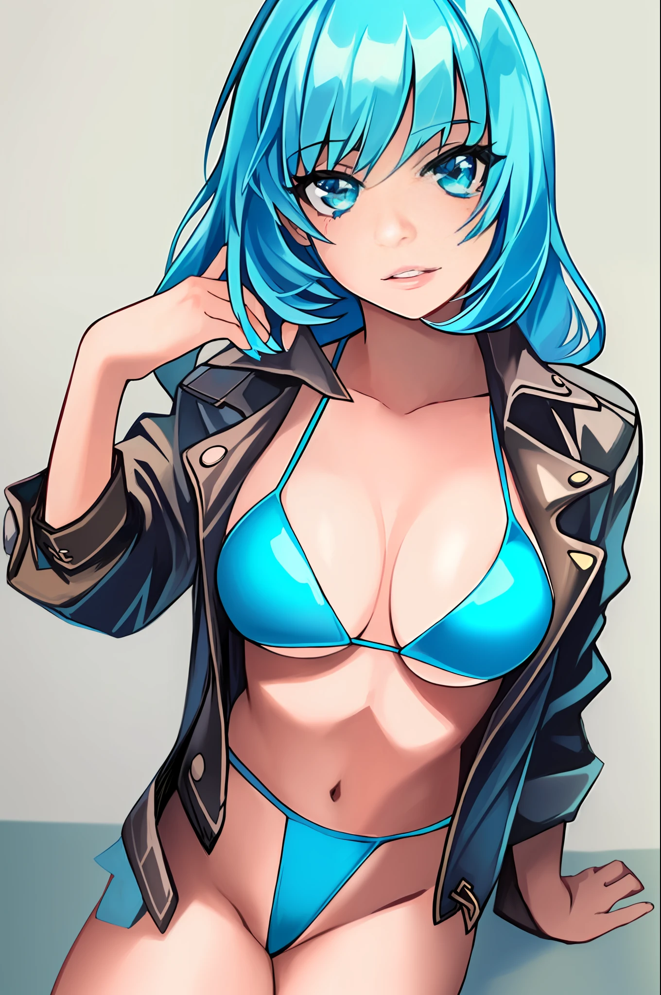 (((portrait of a cute girl alice))), full body, blue hair, long hair, blue eyes, (((bikini))) , leather jacket, slender build, perfect breasts, beautiful woman, sitting