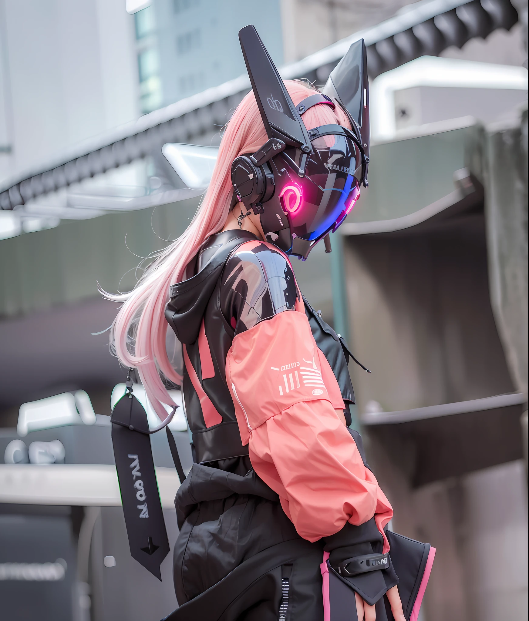 (original: 1.2), masterpiece, best quality, a futuristic looking cyborg girl with a black cyberhelmet head with pentagram symbol on glass helmet, wearing tank-top, crop top, wearing pink techwear raglan jacket, wearing short pants, cool pose, long legs, slim body goals, stocking, on the street, satanic, shinny, glossy, hyper detailed, hyper realistic