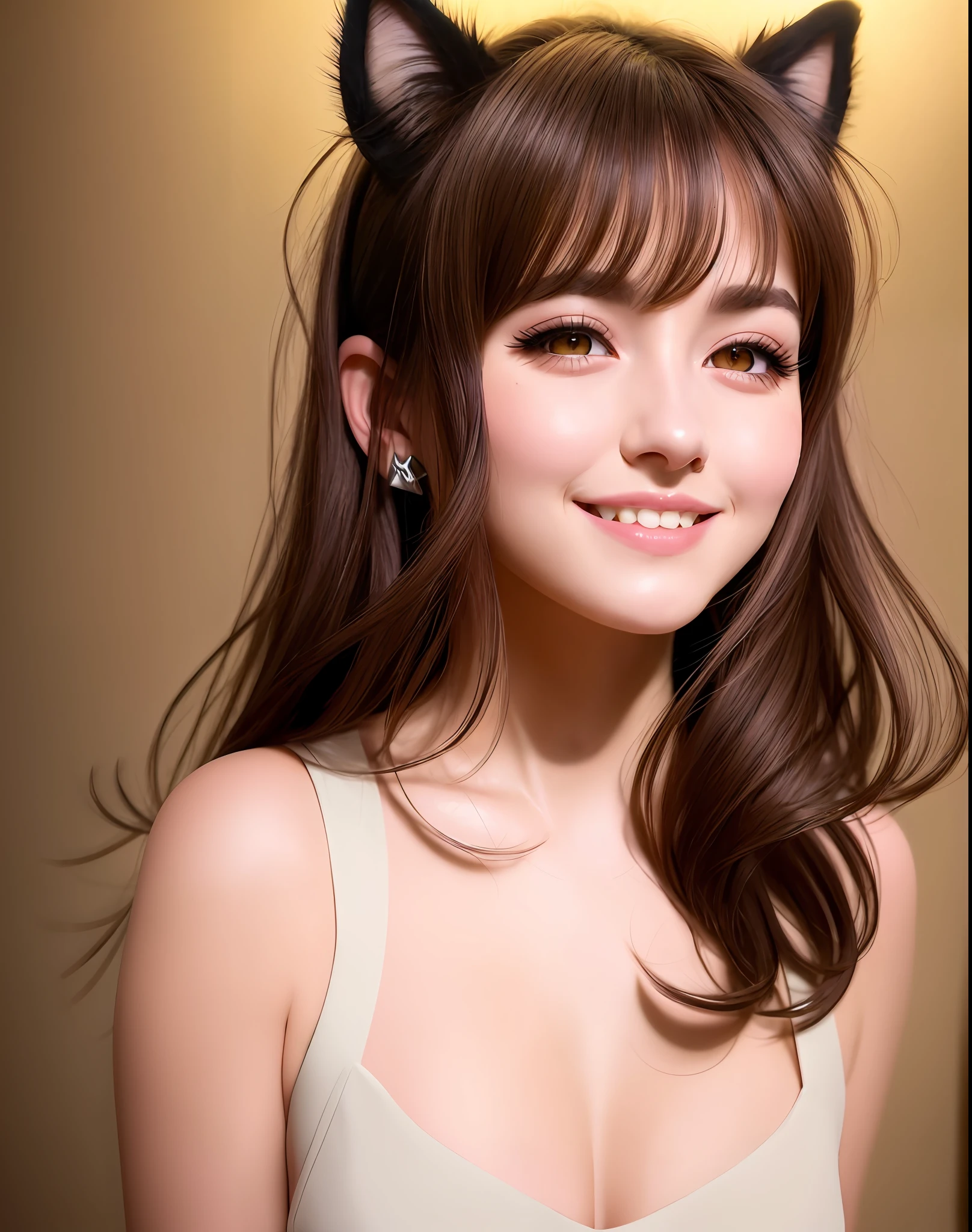 Brunette hair, hair, cringe, long eyelashes, solid round eyes, fake animal ears, light smile, ear blush, fangs, surrealism, shadow, relief, dioragram, standing painting, pov, atmospheric perspective, 8k, super detail, precise, best quality, nude