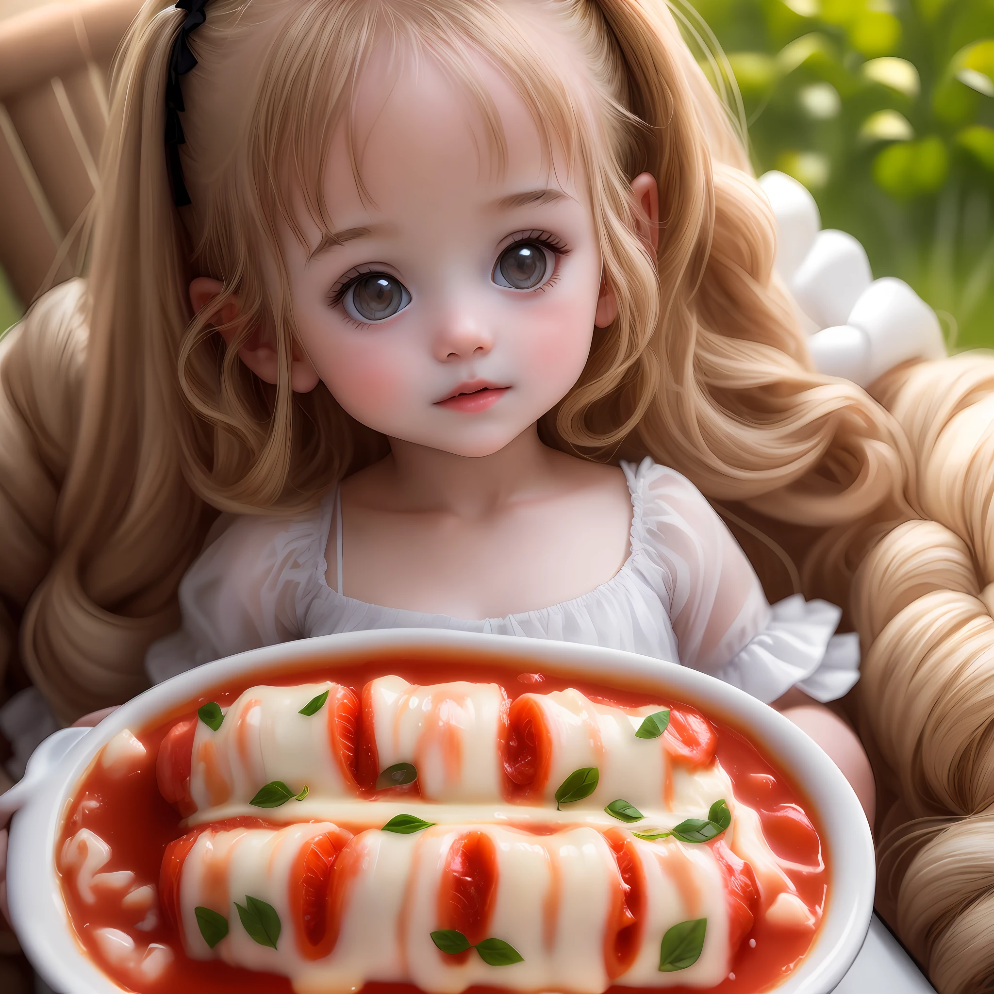 Beautiful child girl with cannelloni