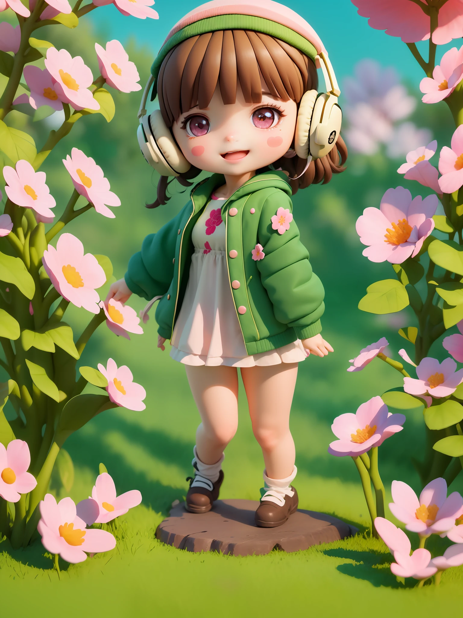 (masterpiece),(best quality),(ultra-detailed), (full body:1.2), 1girl,chibi,cute, smile, open mouth, flower, outdoors, playing guitar, music, beret, holding guitar, jacket, blush, tree, :3, shirt, short hair, cherry blossoms, green headwear, blurry, brown hair, blush stickers, long sleeves, bangs, headphones, black hair, pink flower, (beautiful detailed face), (beautiful detailed eyes),