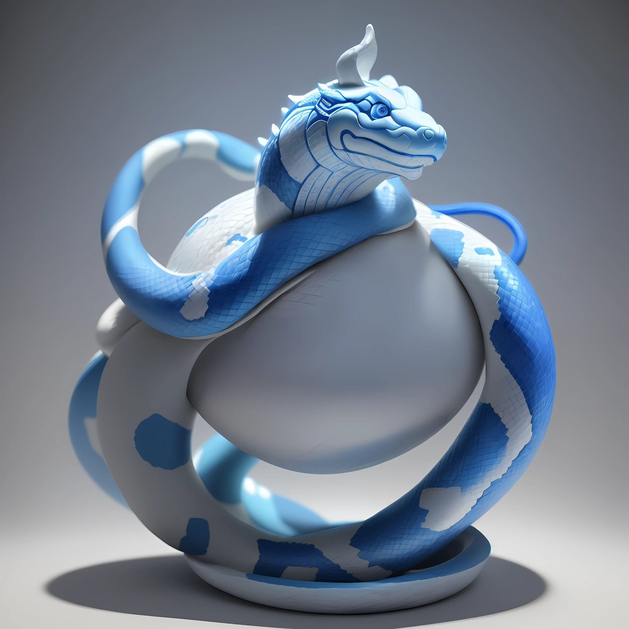 A snake made of blue and white porcelain, full of Chinese mythology, with cinematic lighting, clean background and advanced color scheme, creates an all-over 3D model full of ancient Chinese cultural elements, charming terracotta material, delicate luster, C4D, 8K