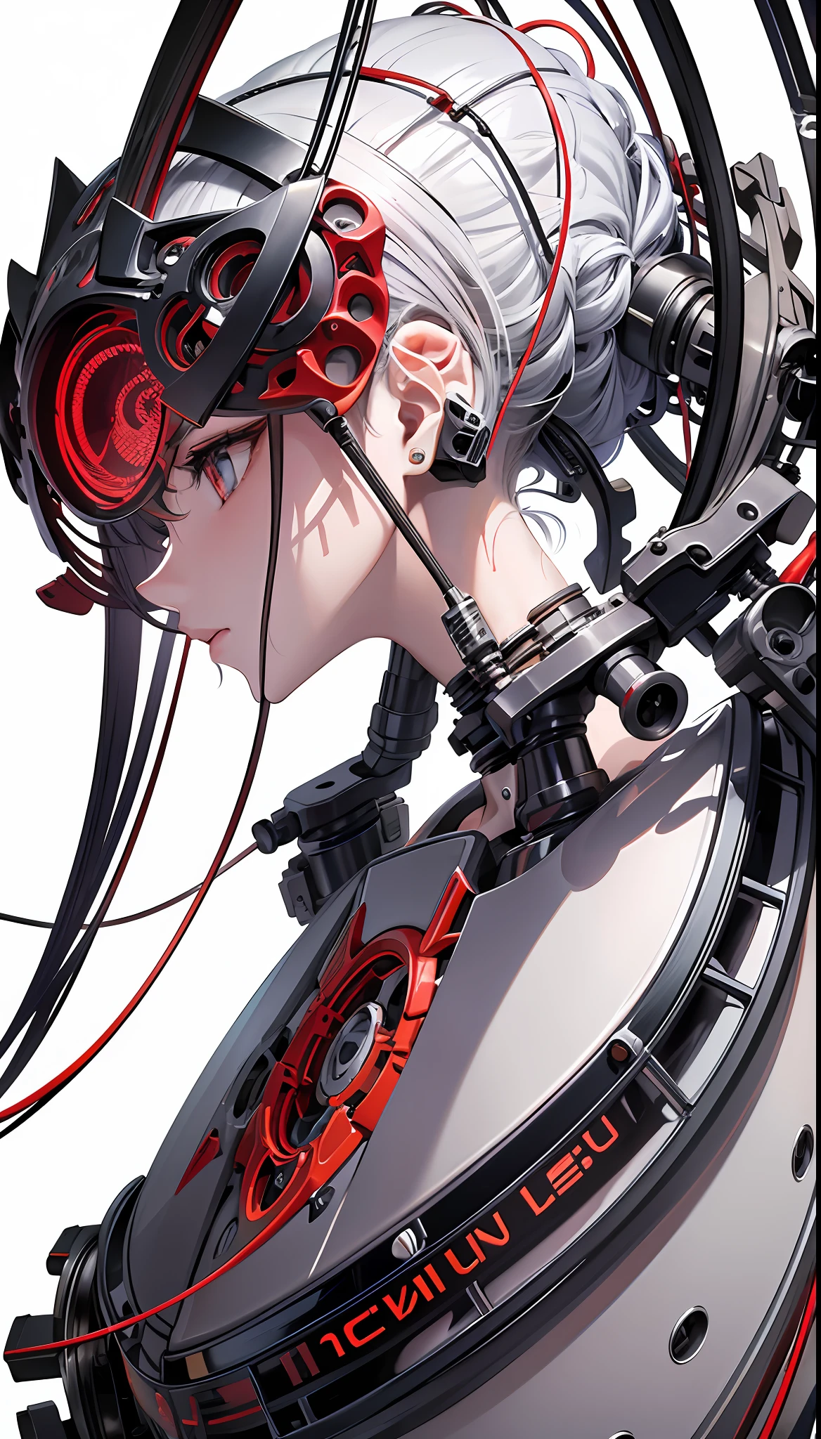 (Masterpiece, Top Quality, Best Quality, Official Art, Beautiful Indulgence: 1.2), (1 Girl: 1.3), Very Detailed, Colorful, Supreme Detail ((Ultra Detailed)), (Highly Detailed CG Illustration), (Very Delicate and Beautiful)), (From the Side), Cinematic Light, (1 Machine Girl)), Solo, Full Body, (Mechanical Joints: 1.2), ((Mechanical limbs)), (Blood vessels connected to tubes), ( Mechanical vertebrae attached to the back), ((Mechanical cervical vertebrae attached to the neck)), expressionless, (Wires and cables attached to the neck: 1.2), (Head wires and cables: 1.2) (Character focus), (Lower body integrated with mechanical devices), Science fiction, White background, (Blood: 1.5), cruelty, absurdity, erotic rotesque, fusion with machines
