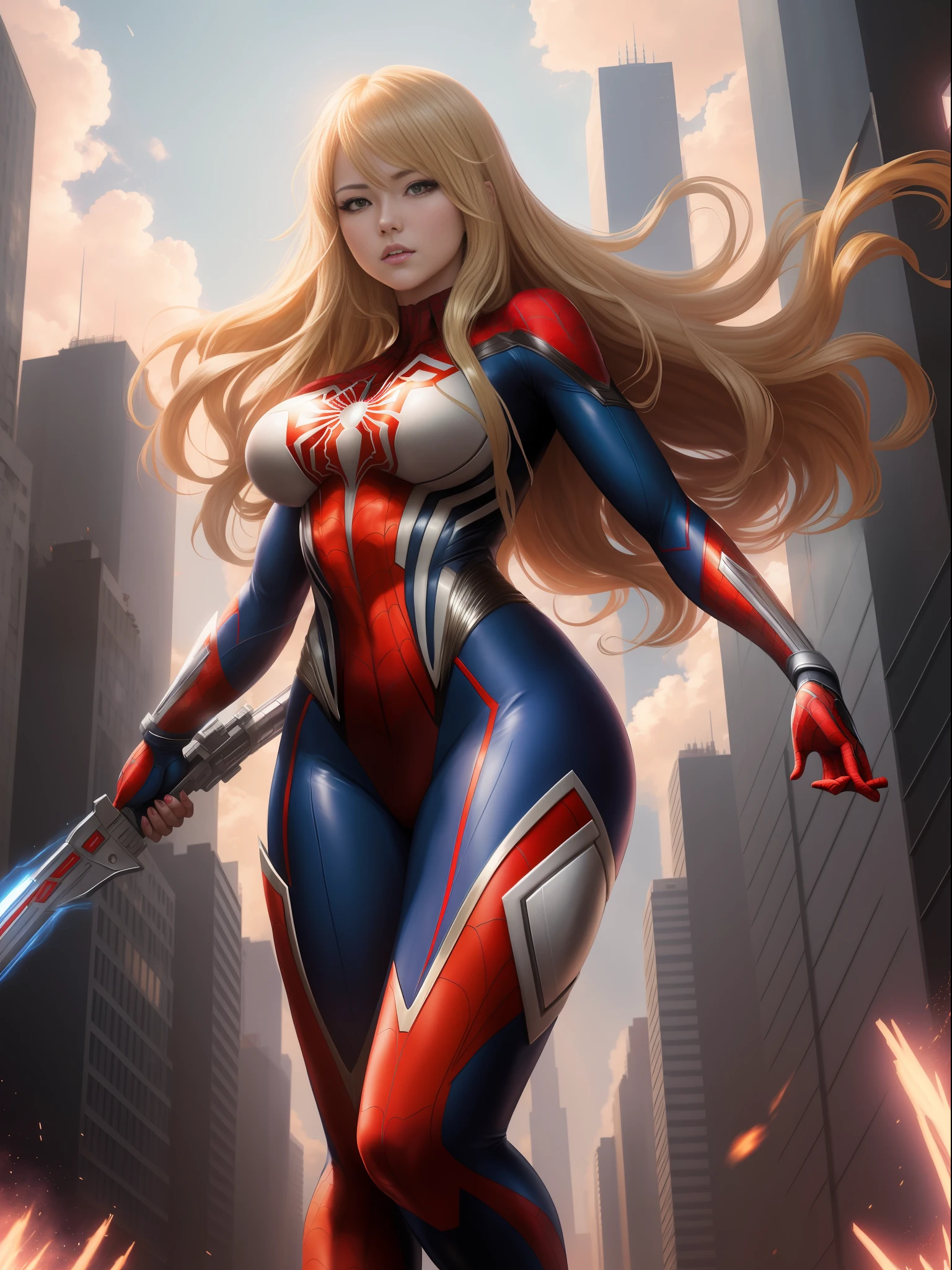 anime style, (Max quality: Sharpness:resolution:detailed) full body photo of a woman: Spiderman: Ultraman,solo,big breasts, long blonde hair:smooth: motion in the wind:in front of eye, holding modern weapon, You are in a futuristic city being attacked by aliens.