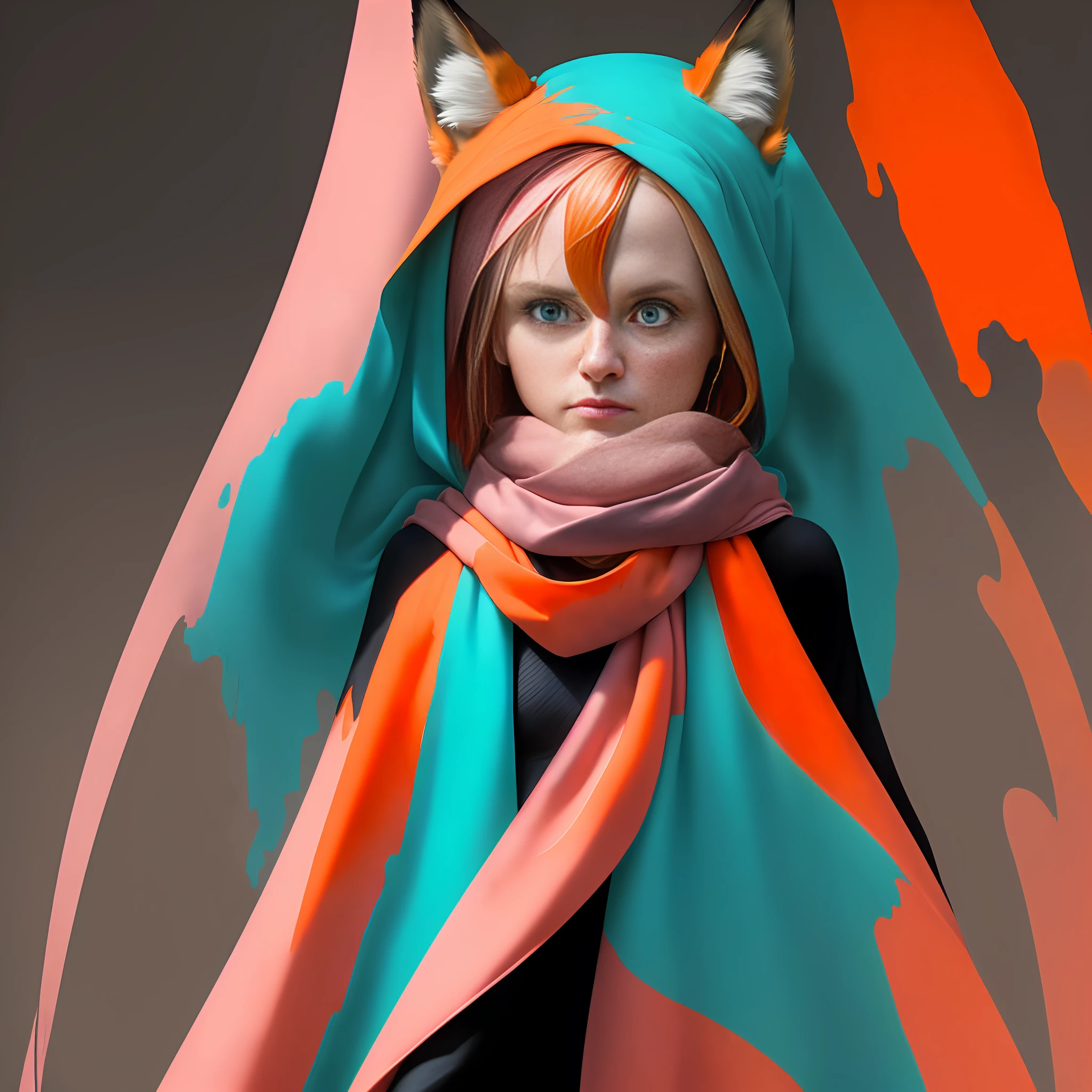 Fox dressed in (long: 1.2) pink (scarf: 1.3), fox with arms and head, (dark shot: 1.17), epic realistic, faded, ((neutral colors)), art, (HDR: 1.5), (muted colors: 1.2), hyper-detailed, (ArtStation: 1.5), cinematic, warm light, dramatic light, (complex details: 1.1), complex background, (Rutkowski: 0.8), (turquoise and orange: 0.4)
