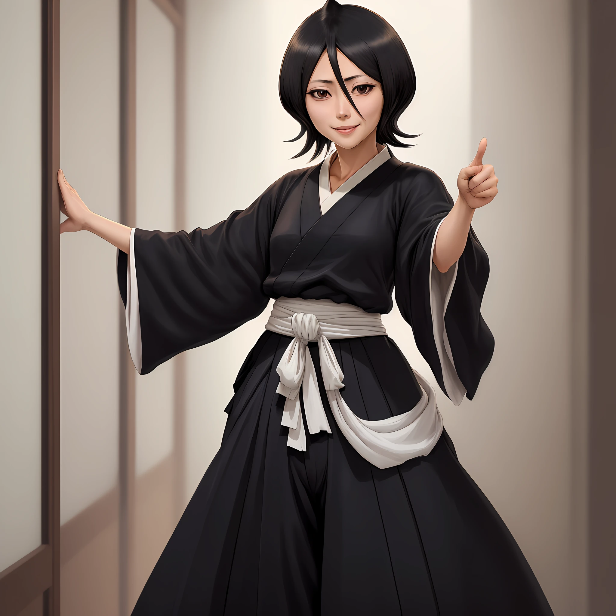 smile, looking at the viewer, waist, hip, 1girl, solo, kuchiki rukia, japanese clothes, hakama pants, black kimono, sash, black hair, hair between eyes pointing finger at camera.