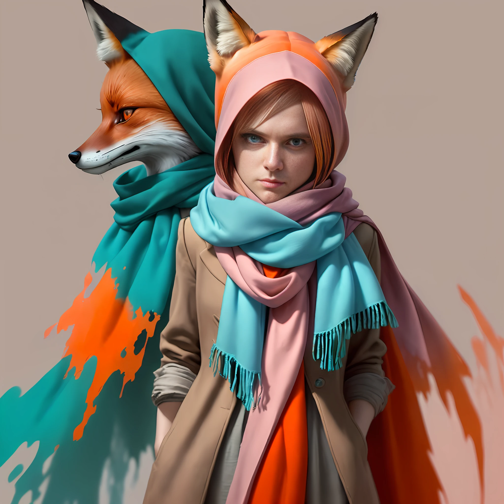Fox dressed in (long: 1.2) pink (scarf: 1.3), fox with arms and head, (dark shot: 1.17), epic realistic, faded, ((neutral colors)), art, (HDR: 1.5), (muted colors: 1.2), hyper-detailed, (ArtStation: 1.5), cinematic, warm light, dramatic light, (complex details: 1.1), complex background, (Rutkowski: 0.8), (turquoise and orange: 0.4)
