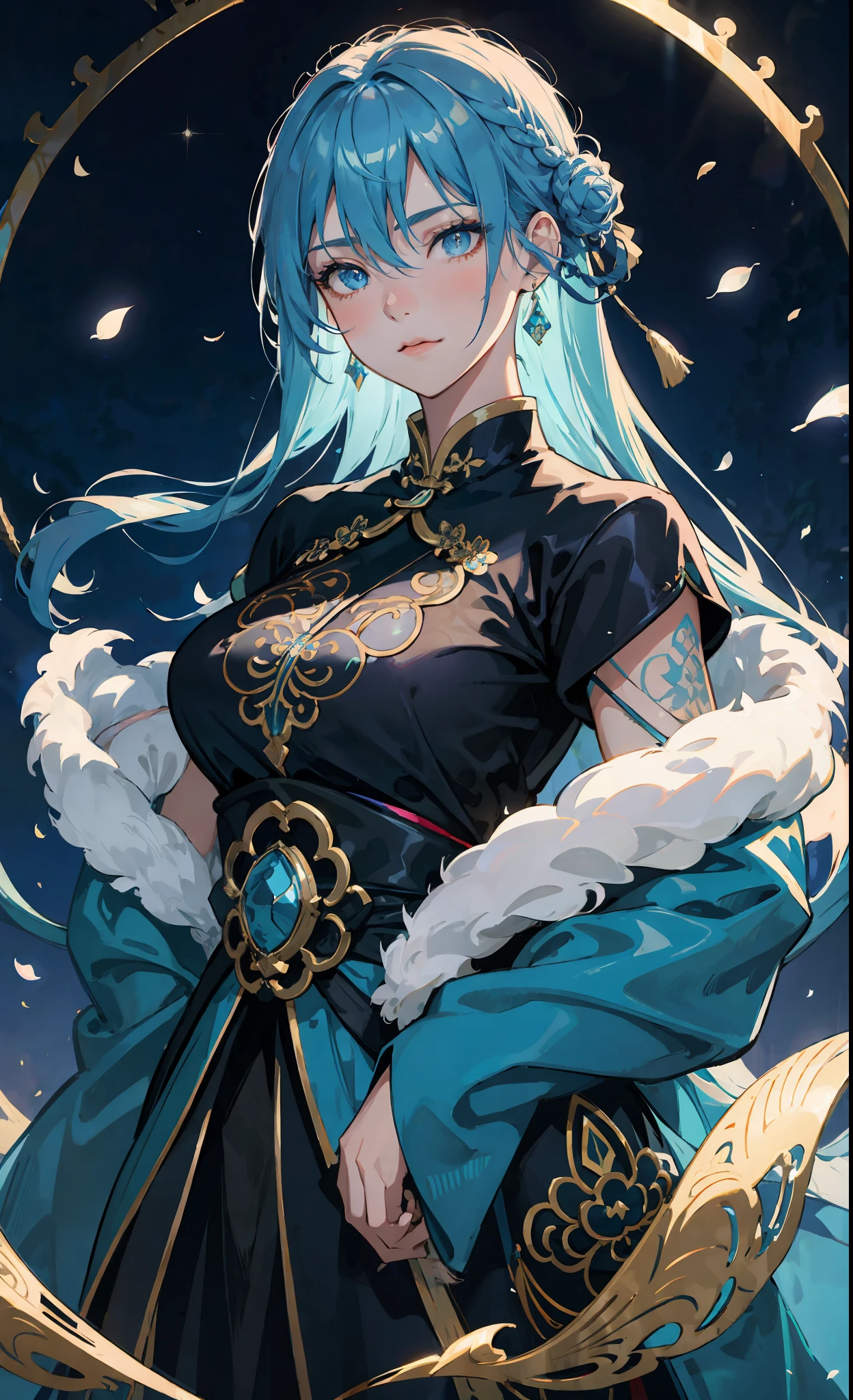 Official Art Illustration, Mature Royal Sister, Blue Eyes, Cyan Blue Hair, Tied Hair, Floating Hair, Delicate Eyes, Black Chinese Antique Silk Costume, Gorgeous Accessories, Intricate Filigree, Wearing Earrings, Sexy, Tits, FOV, F/1.8, Masterpiece, Dead Tree, Pond, Firefly, Night, Petals Flying, Side Light, Moonlight Shining on People, 8K, Hazy