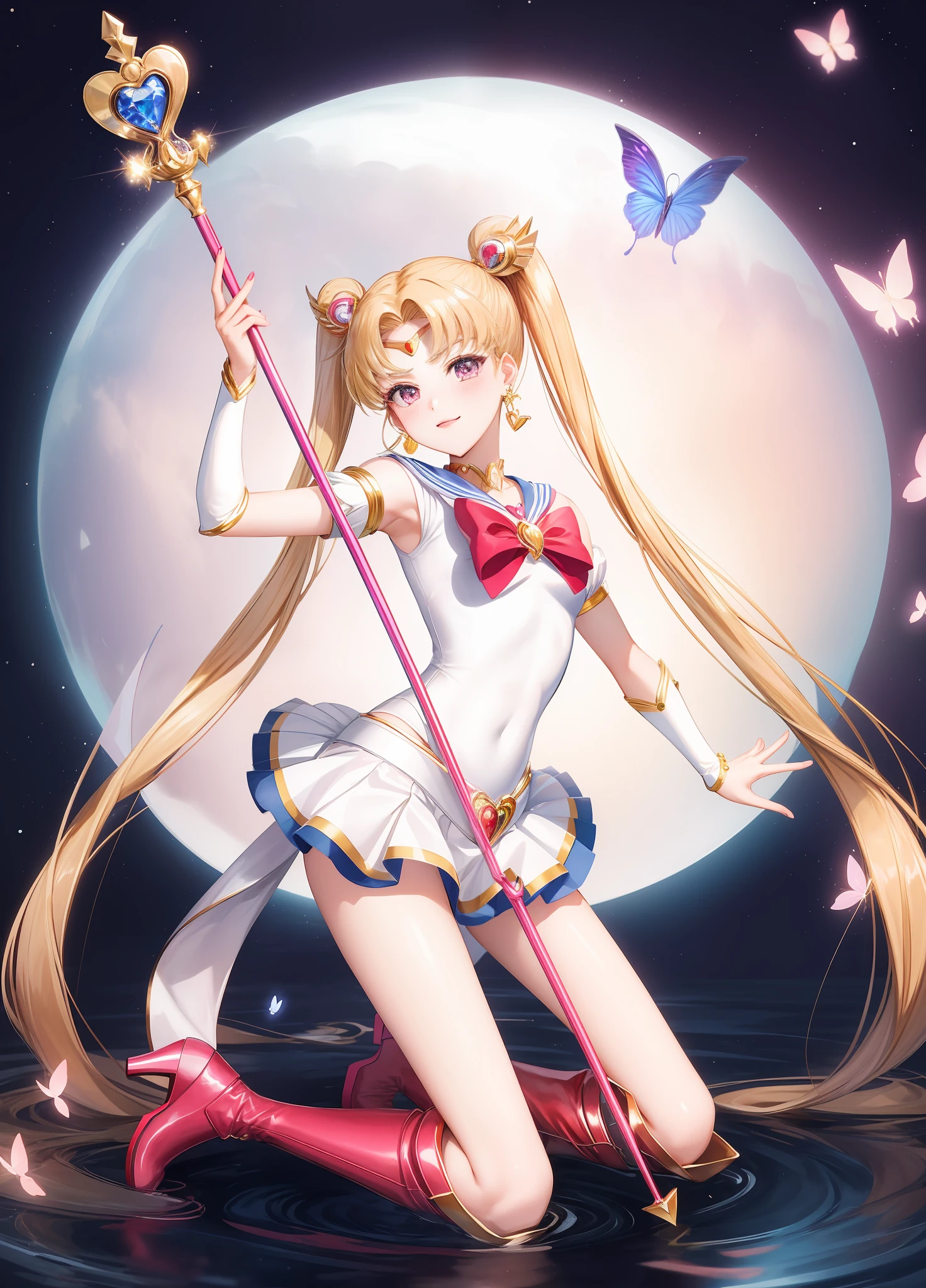 Masterpiece, best quality, (1 girl), super sailor moon, cowboy shot, sailor moon, kneeling to the ground, squinting, small eyes, misty eyes, look at the scepter, moon, butterfly, heart-shaped bow scepter, multicolored clothes, sailor senishi uniform, multicolored skirt, hair ornament, red bow, brooches, heart brooches, earrings, heart necklace, heart, very long hair, crescent earrings, tiara, yellow necklace, boots, knee boots, red shoes, detailed eyes, belt