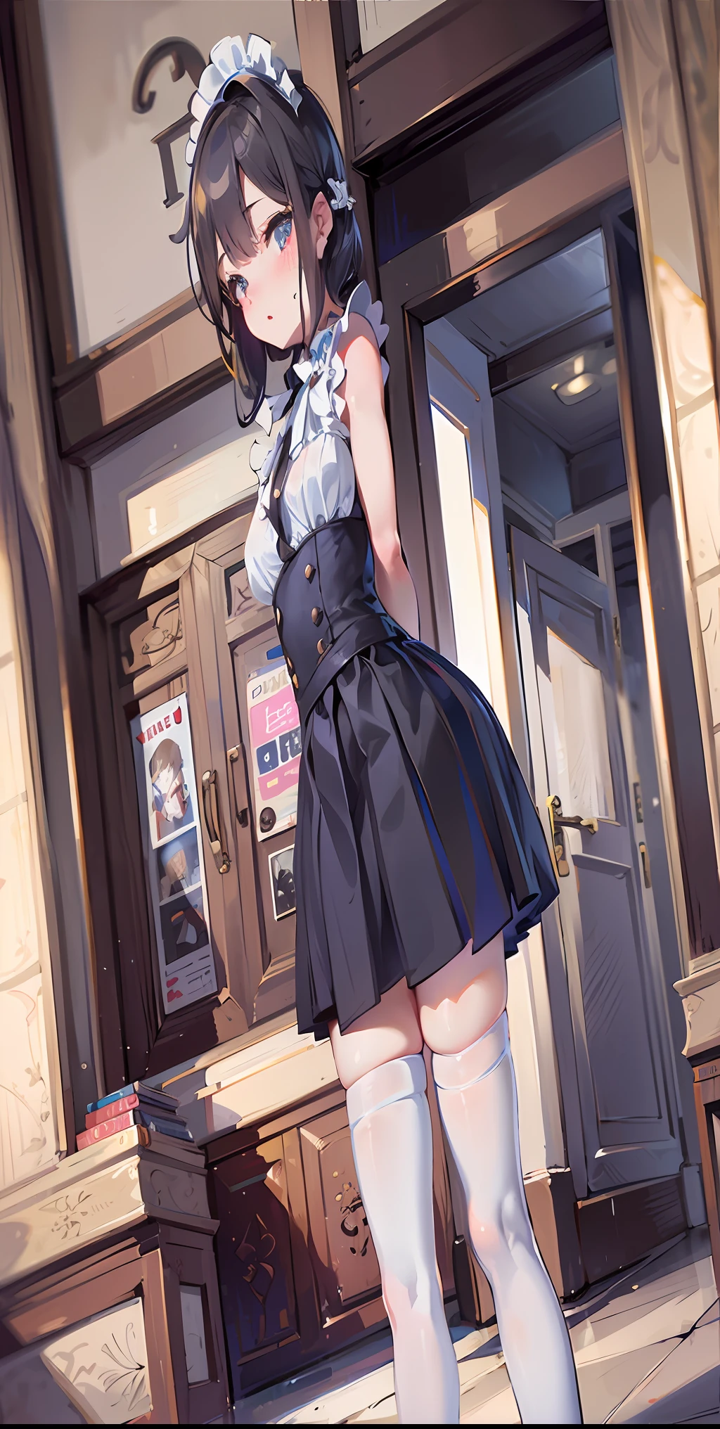 ((loli) | (sexy)) Maid outfit, cute face, slightly chubby figure, white stockings (|net socks), high quality shooting, highlight and mirror effect highlight white stockings.